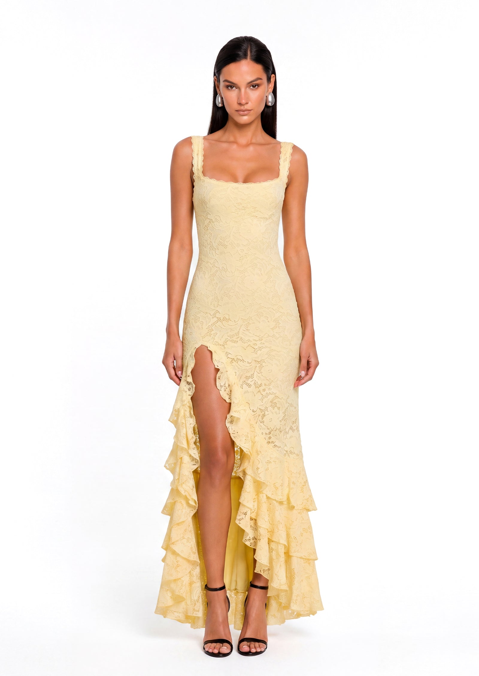 Kalliste Lace Ruffle Maxi Dress In Lemon Yellow Queena Wish Kalliste Lace Ruffle Maxi Dress In Lemon Yellow Queena Wish
