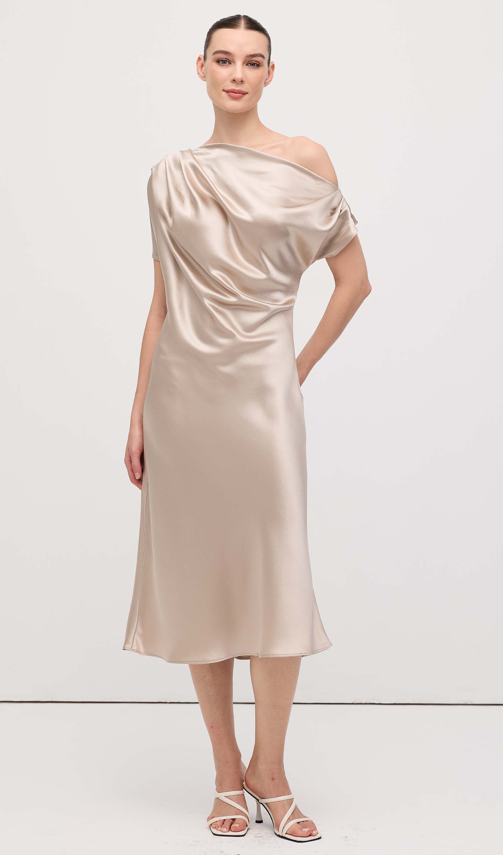 satin draped midi dress Asymmetric Satin Draped Midi Dress – Queena Wish