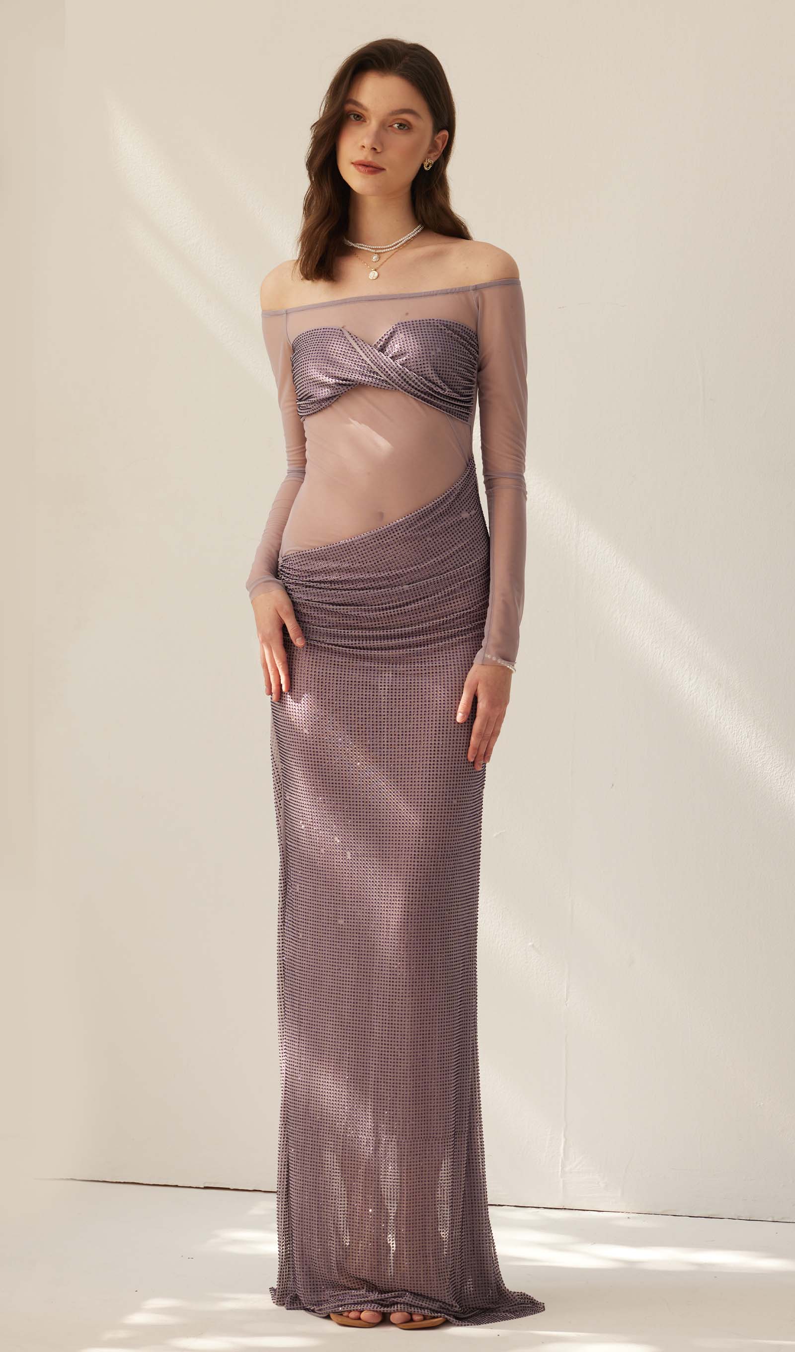 Diamante Off Shoulder Maxi Dress - Gray Purple Queena Wish Diamante Off Shoulder Maxi Dress - Gray Purple Queena Wish
