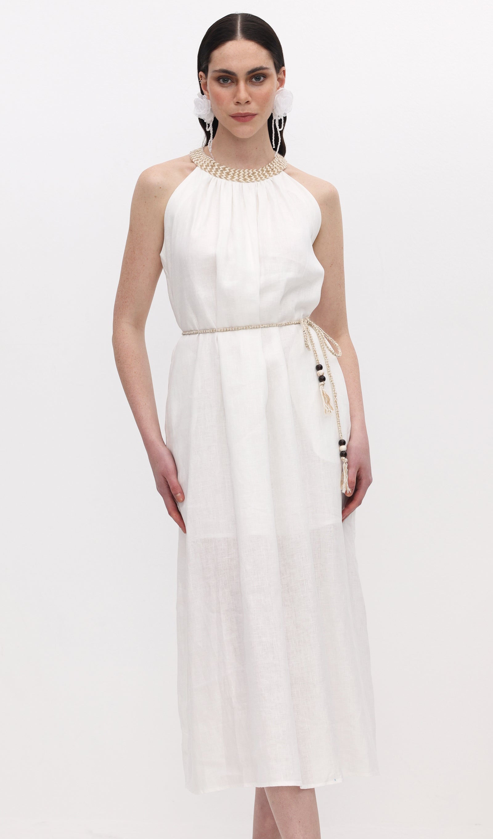 Halter Neck Linen Midi Dress – Queena Wish