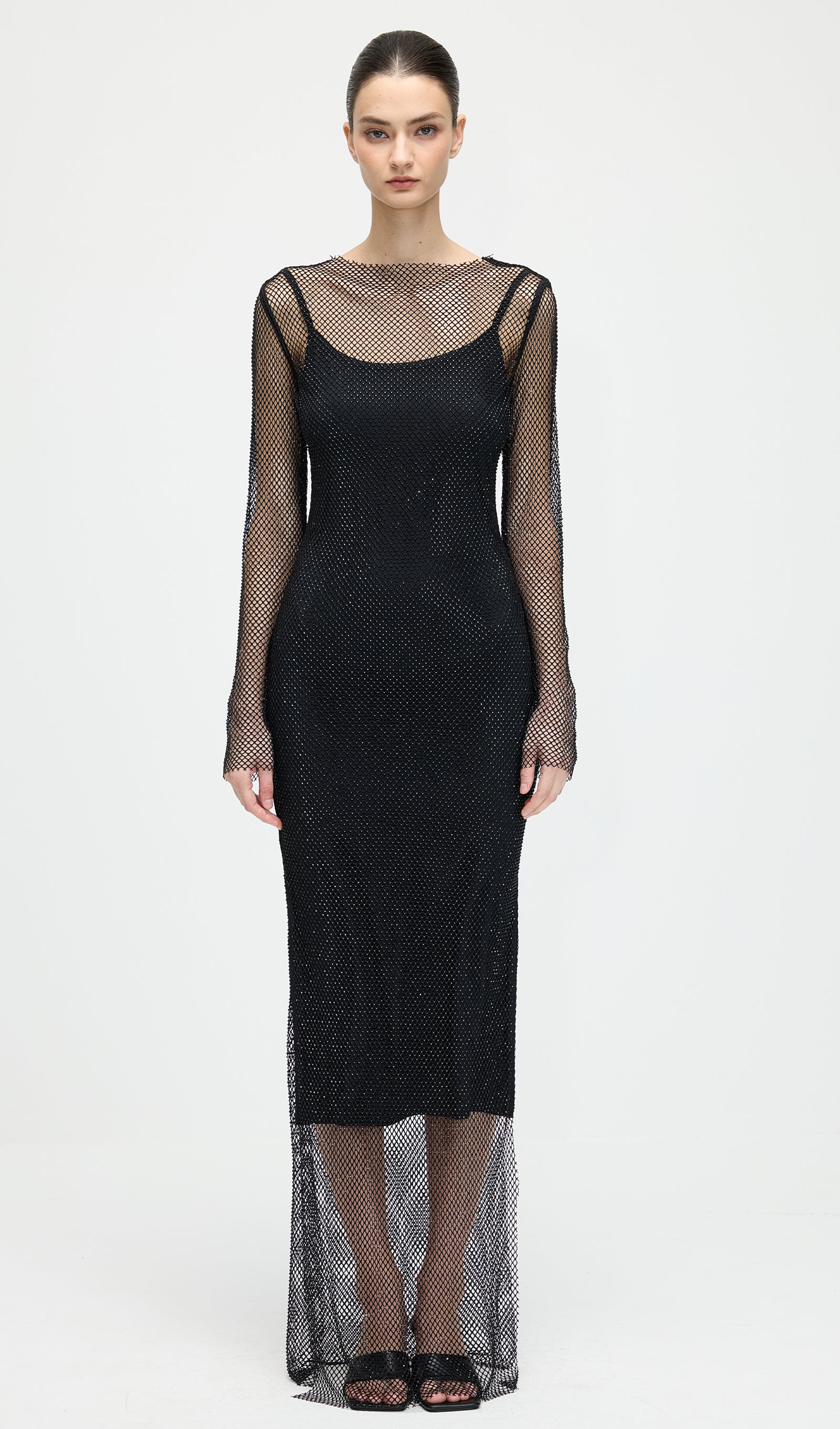 Mesh With Monochrome Maxi Dress In Black – Queena Wish