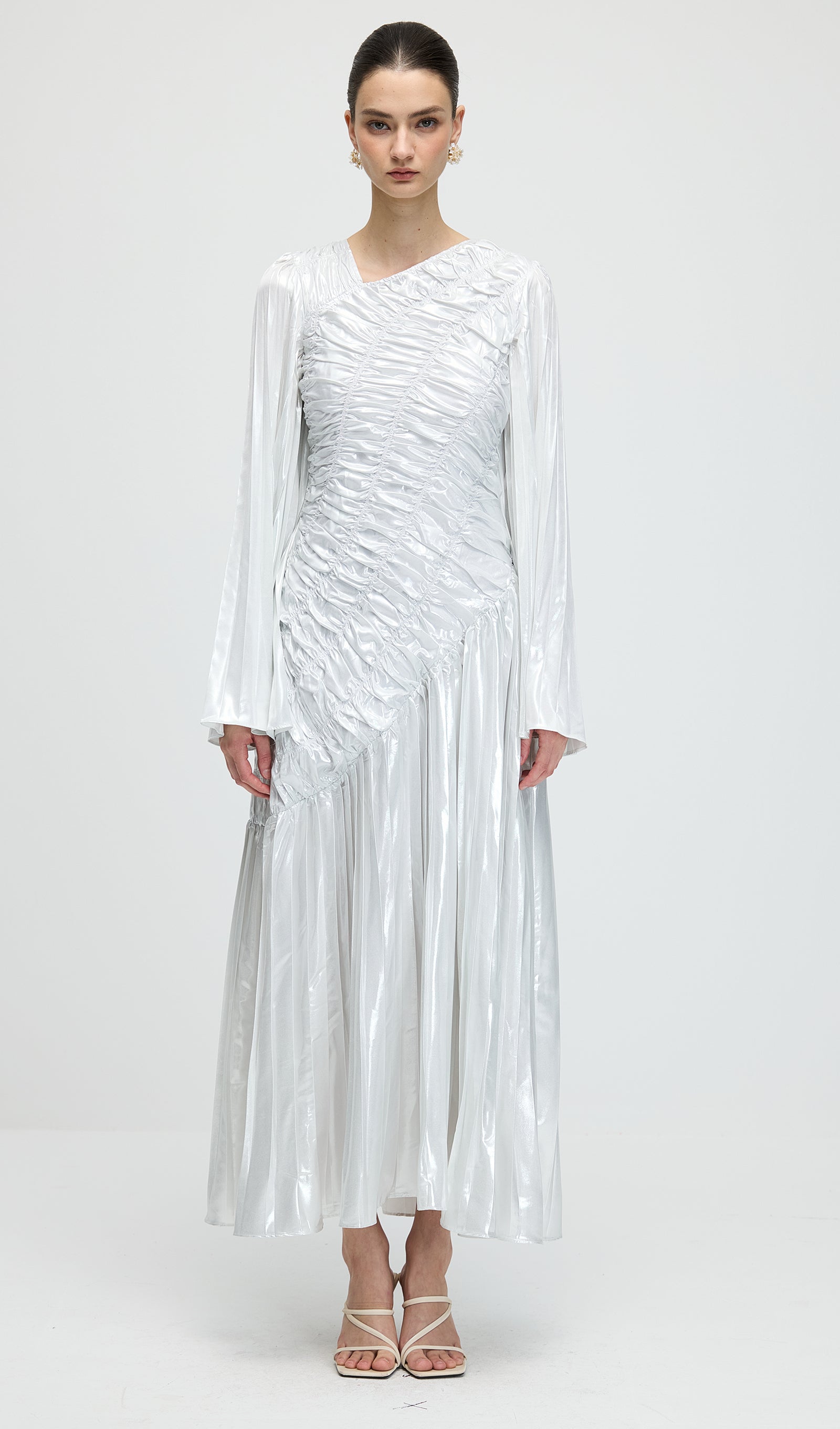 metallic long sleeve maxi dress Metallic Blush Coast Metallic Pleated Maxi Dress