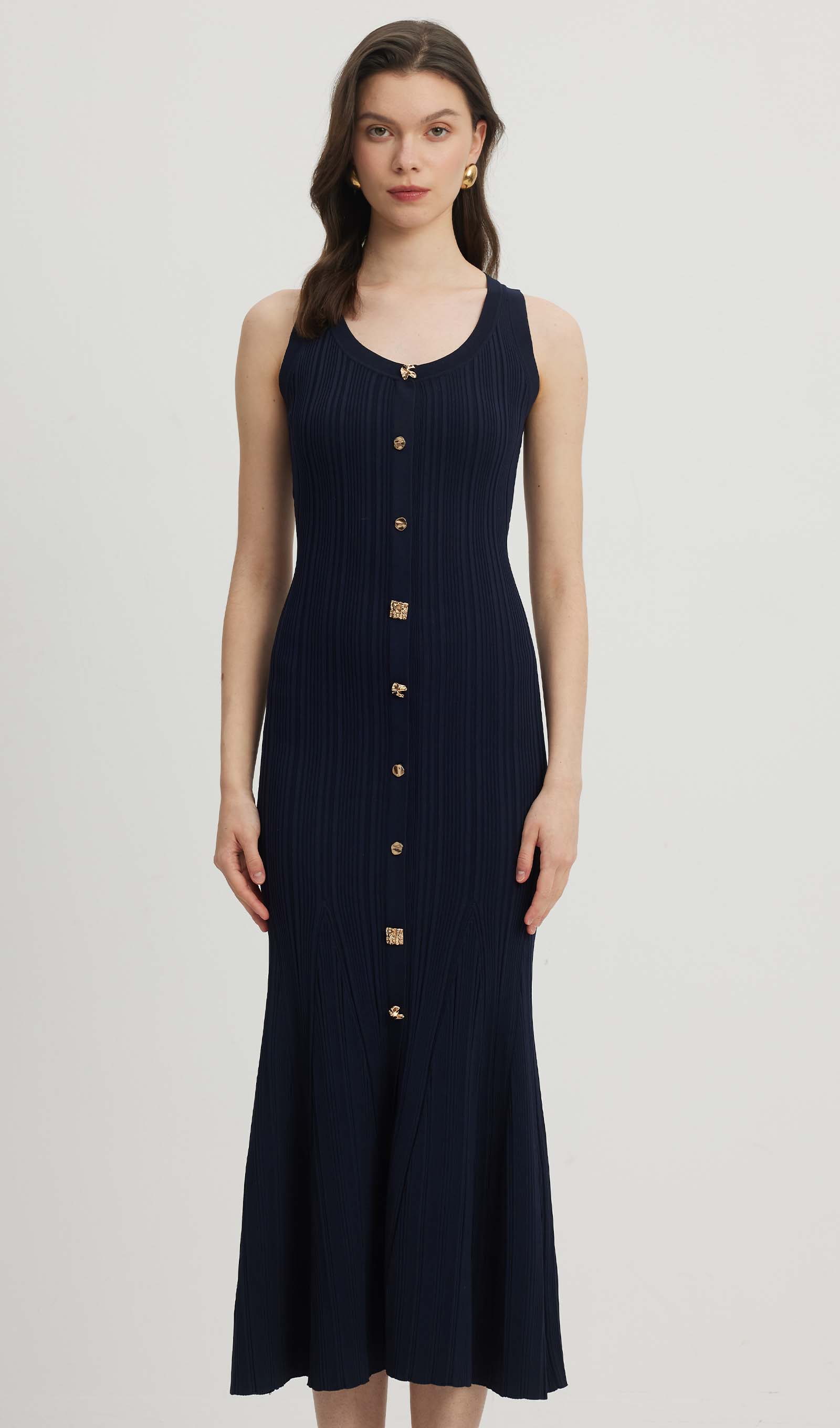 Metallic Button Knit Midi Dress  Queena Wish