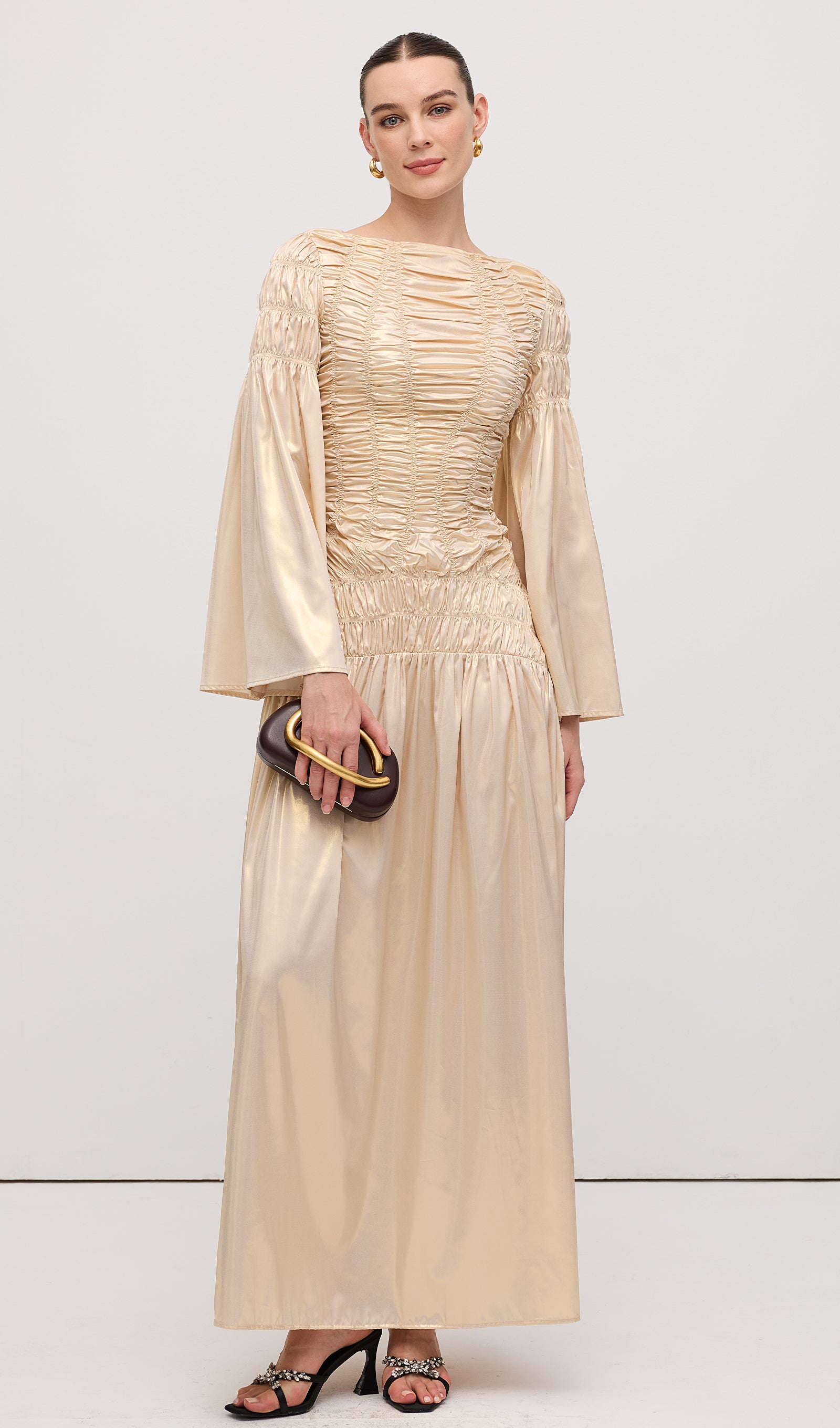 elasticated maxi dress Metallic Elasticated Gathers Maxi Dress In Solid – Queena Wish