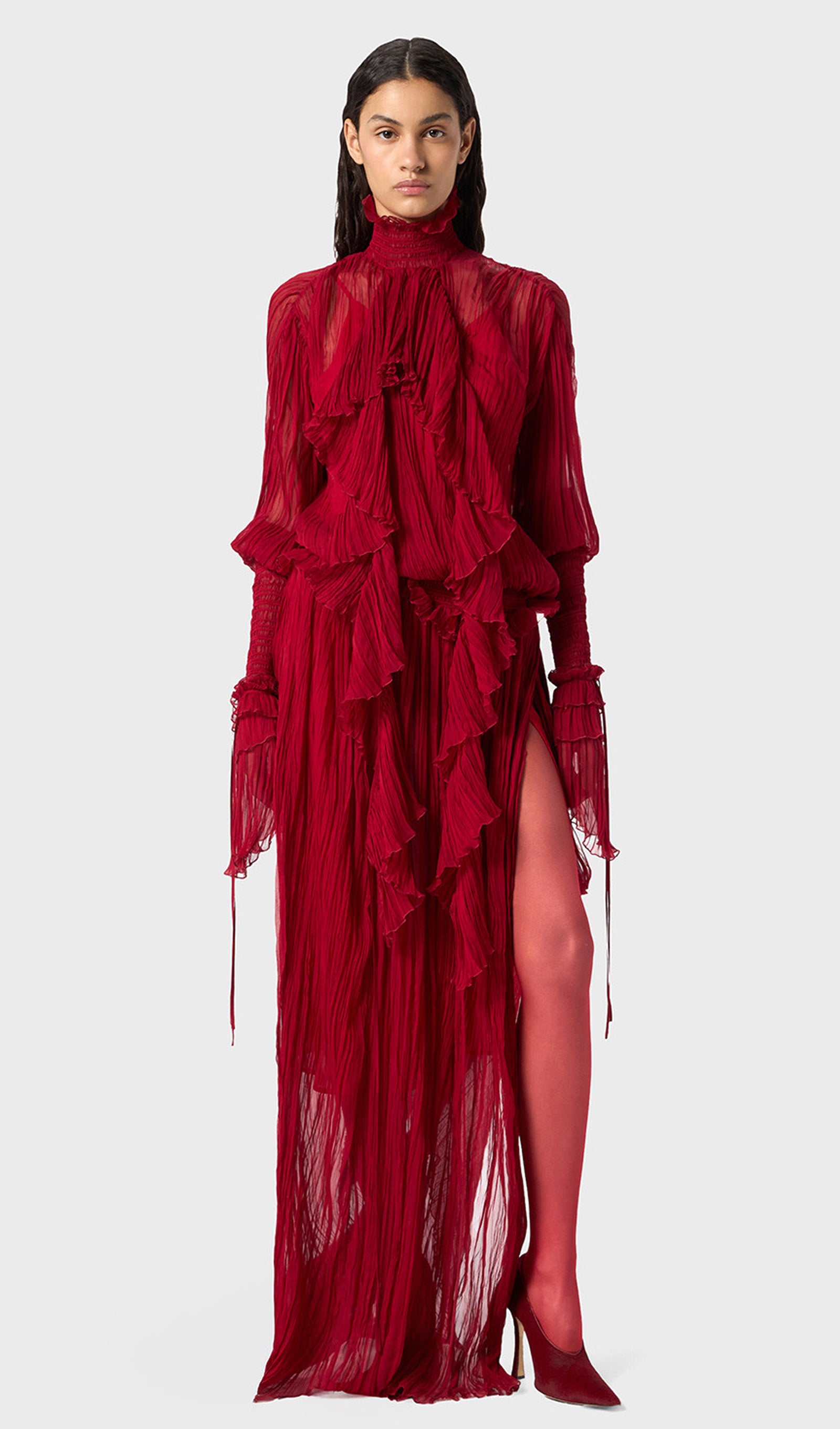Pleated Silk-Chiffon Slit Maxi Dress In Red – Queena Wish