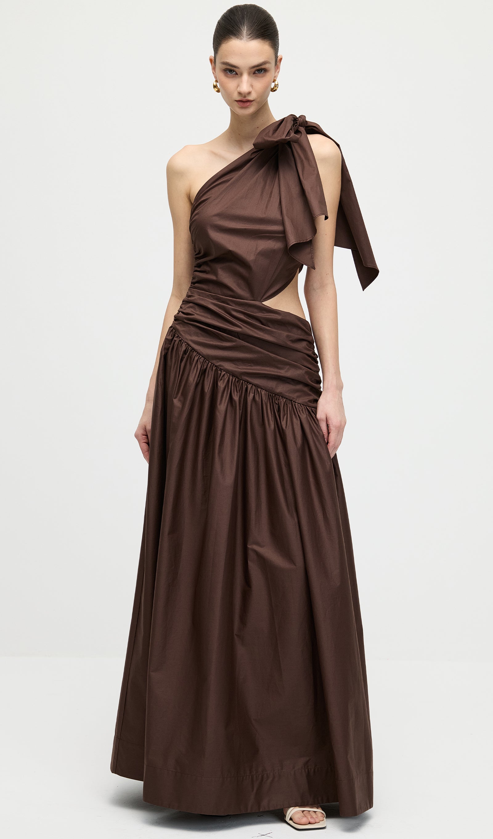 Stretch Cotton Poplin One Shoulder Maxi Dress