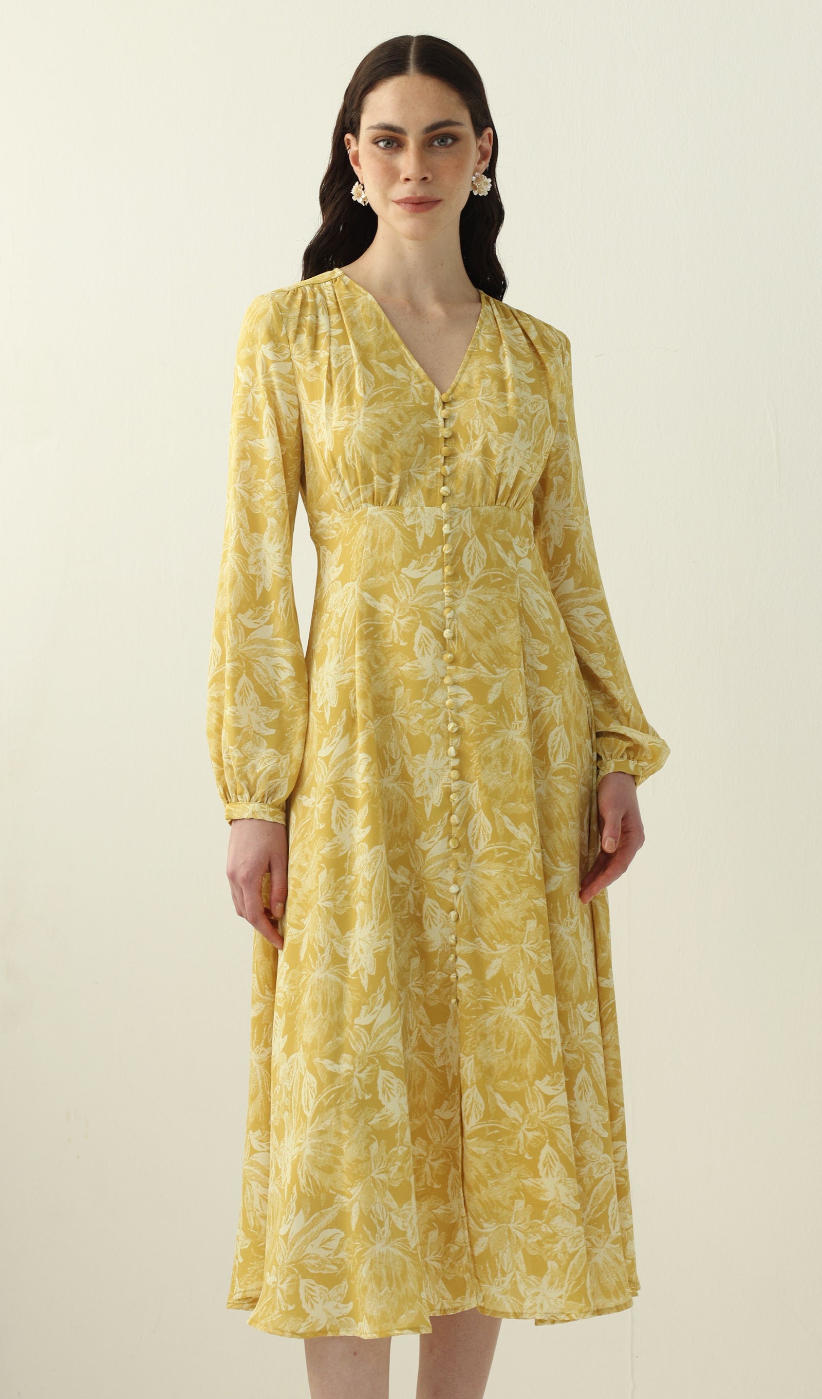yellow v neck midi dress Yellow Floral Printed V Neck Midi Dress – Queena Wish