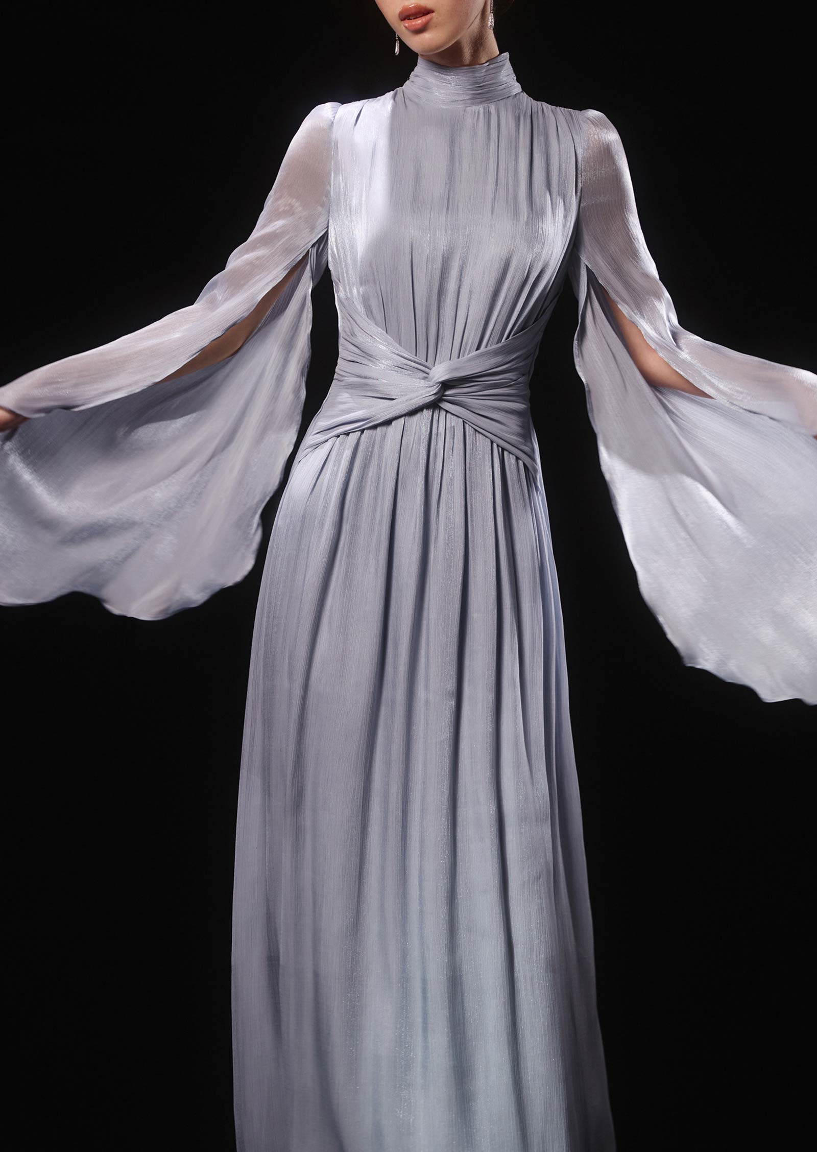 Metallic Fabric Maxi Dress With Light Sleeves