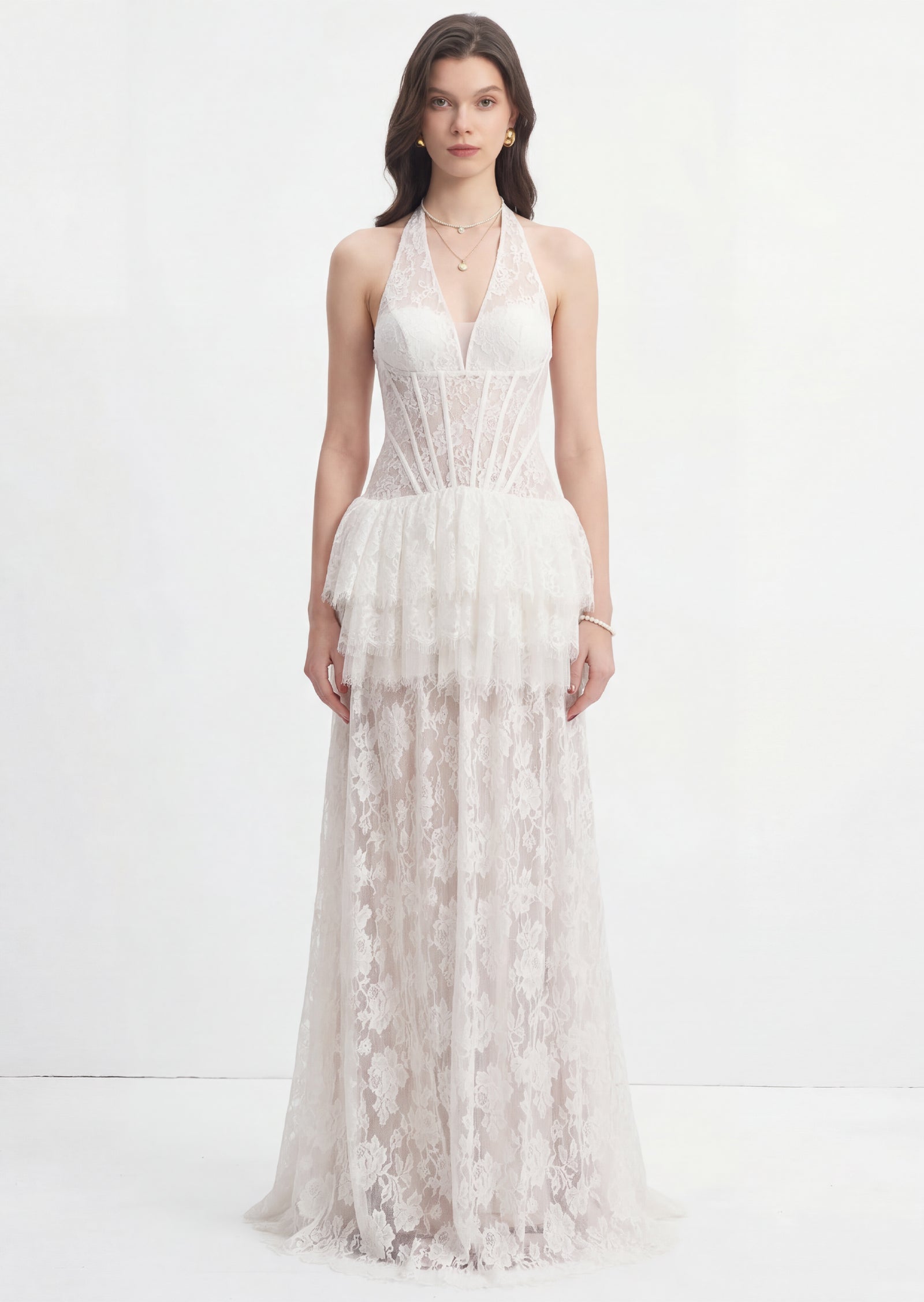 Odile Lace Peplum Maxi Dress In White