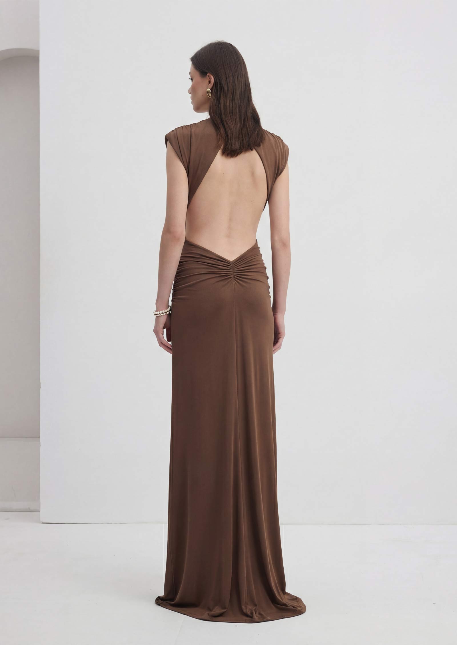 V-Neckline Open Back Maxi Dress With Daped Details