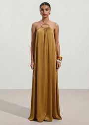 Halter With A Metallic Ring Maxi Dress In Gold