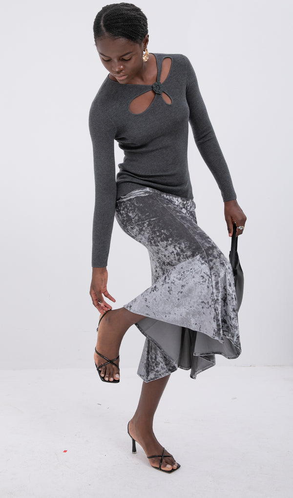 Trendy High Waist Velvet Midi Skirt-Silver