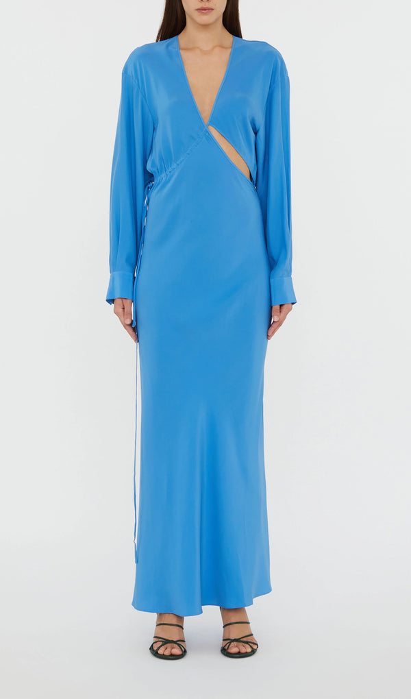 Crosscut Satin Maxi Dress-Blue