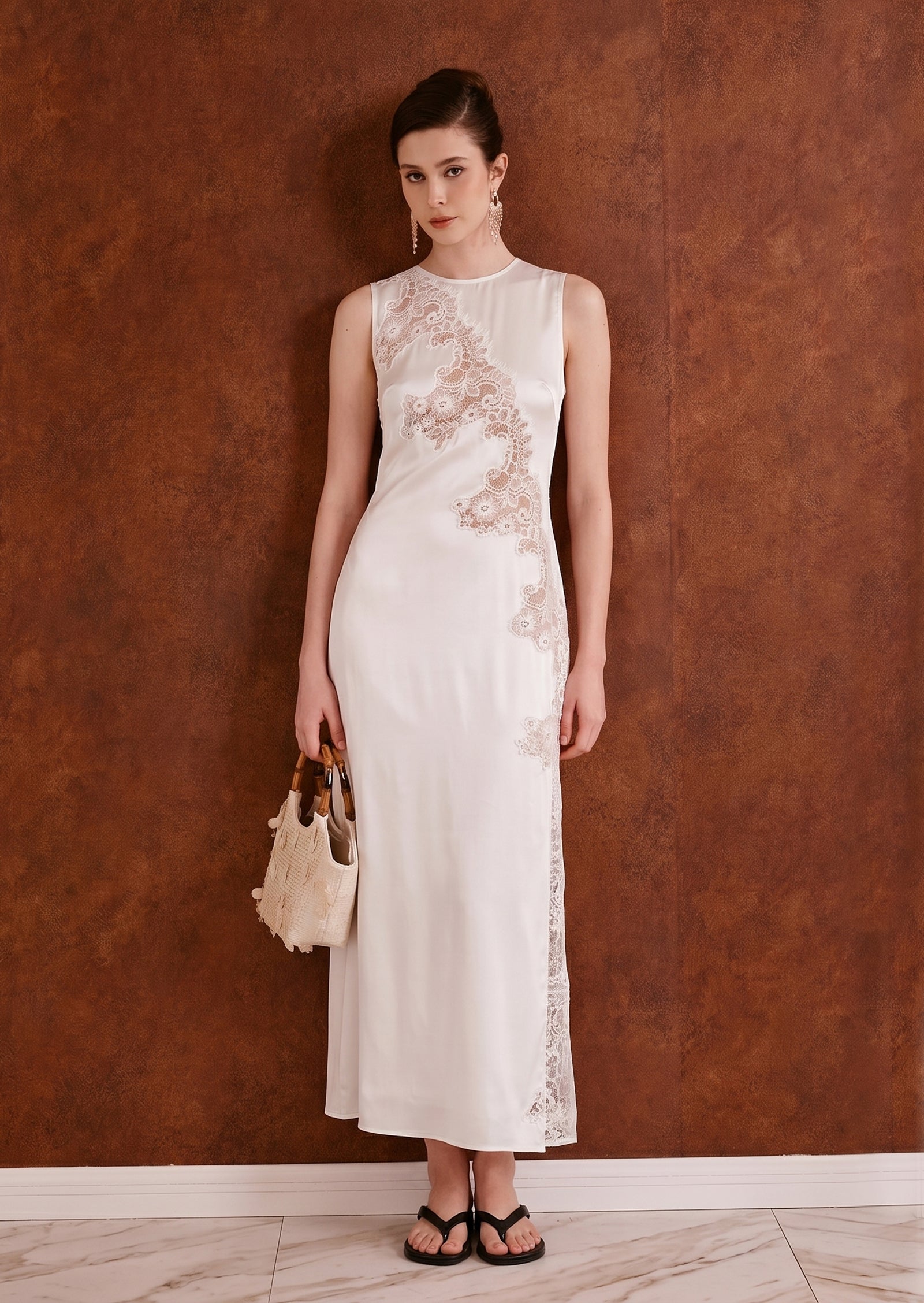 Quilla Lace Satin Midi Dress In White