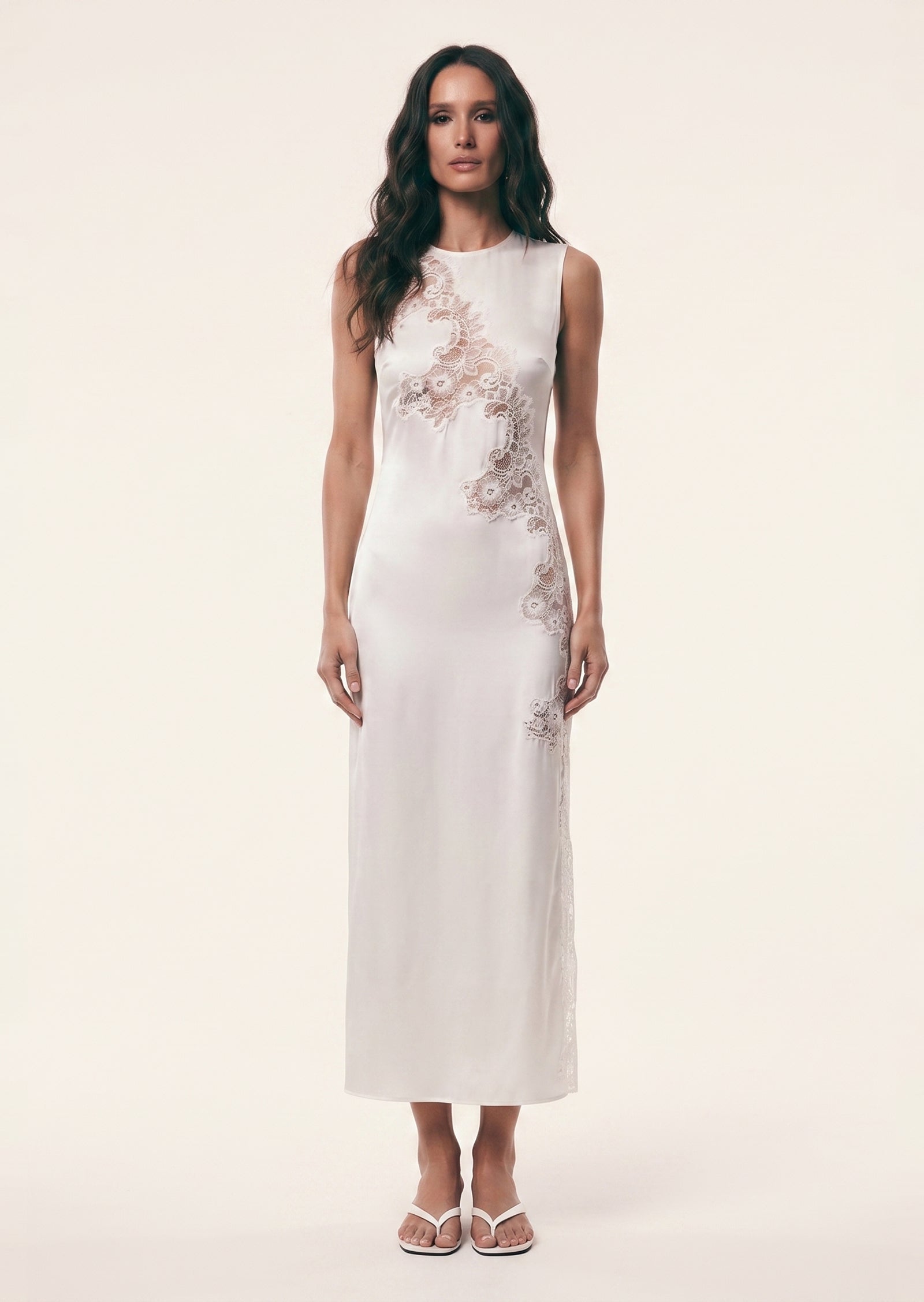 Quilla Lace Satin Midi Dress In White