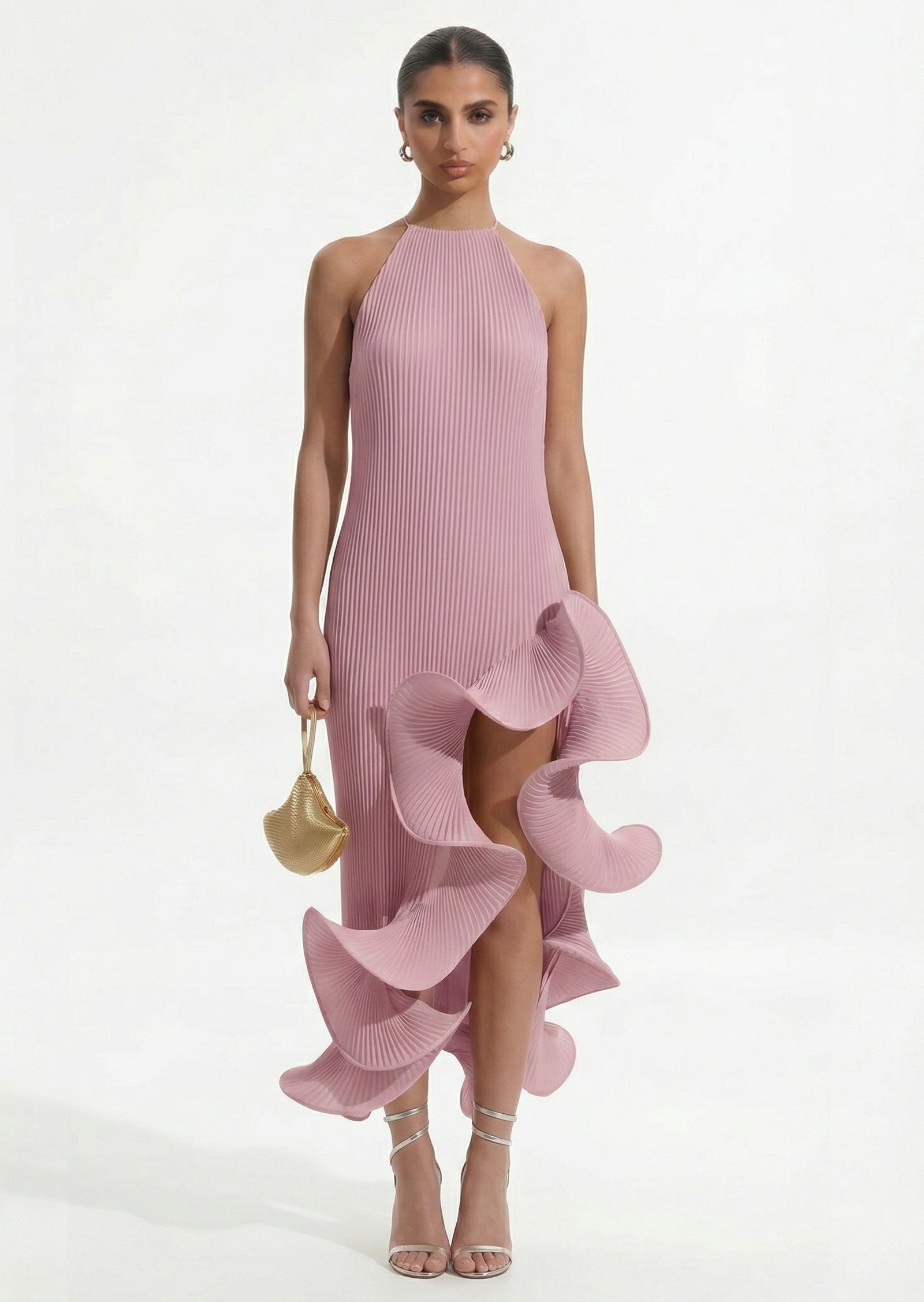 Pleated Sleeveless Irregular Ruffle Midi Dress In Purple