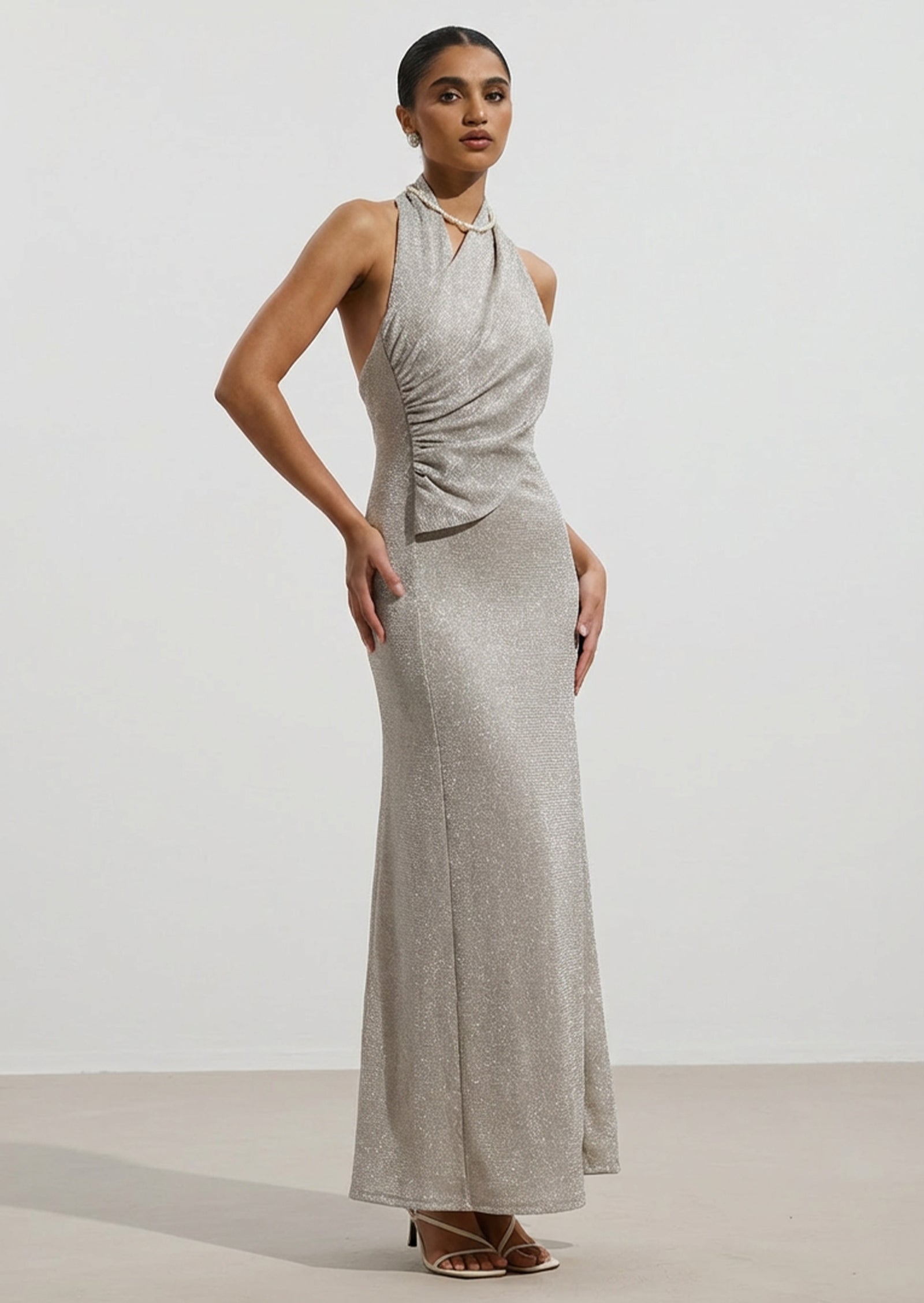 Lurex Knit Halter Maxi Dress In Silver