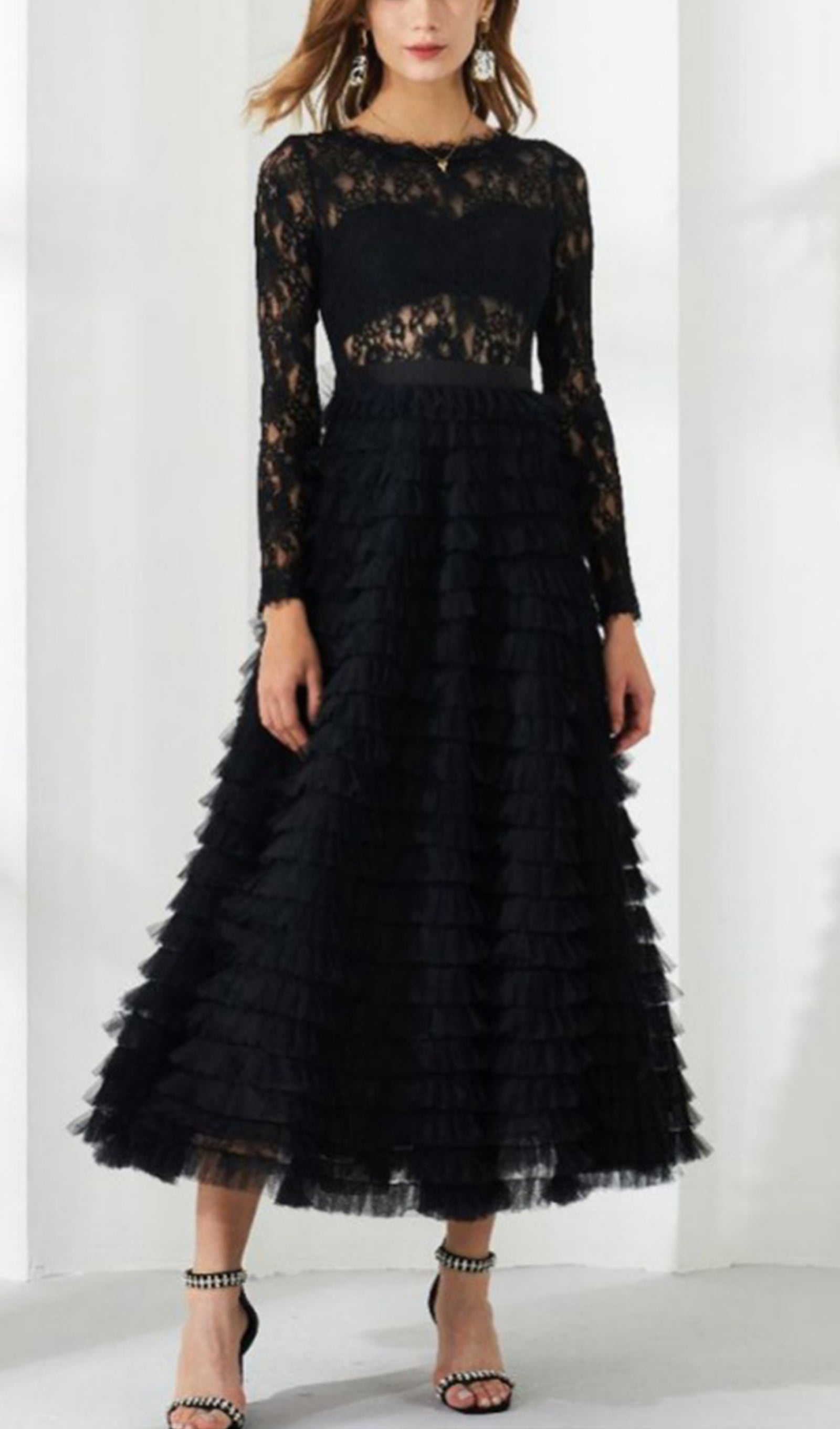 Long Sleeve Lace Mesh Midi Layered Dress