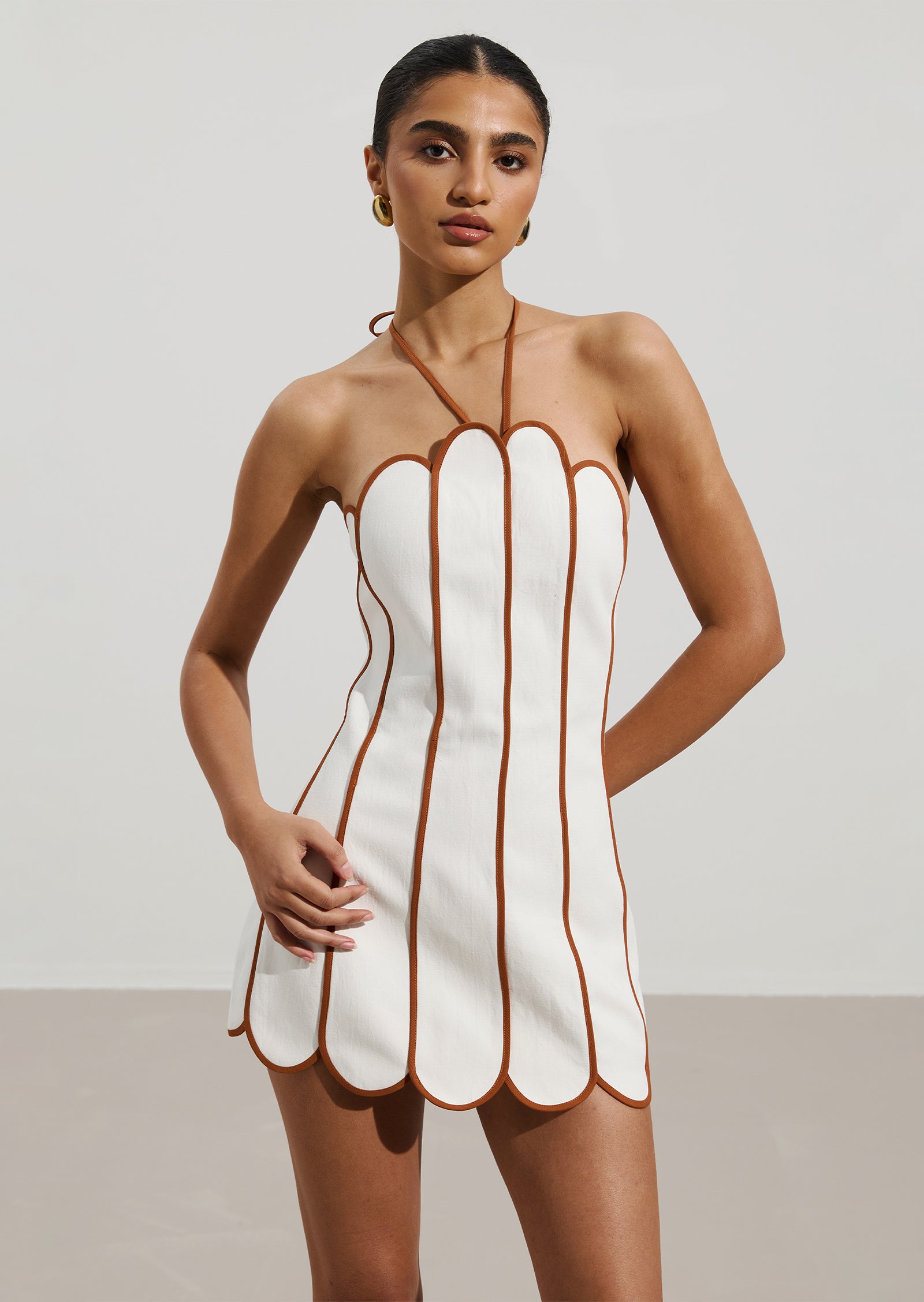 Solid Scalloped Linen Halter Mini Dress