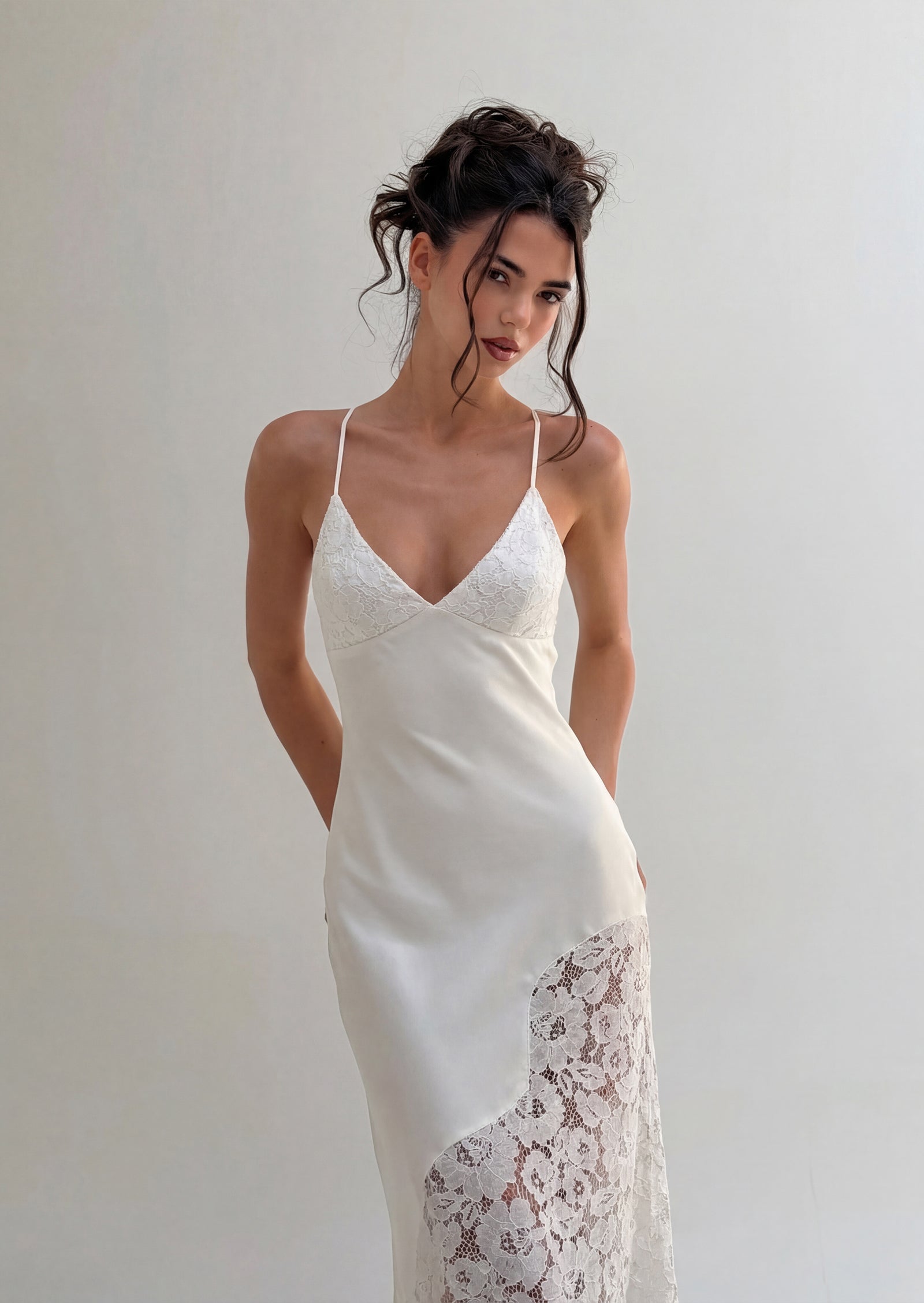 V Neck Satin Maxi Dress With Lace In White