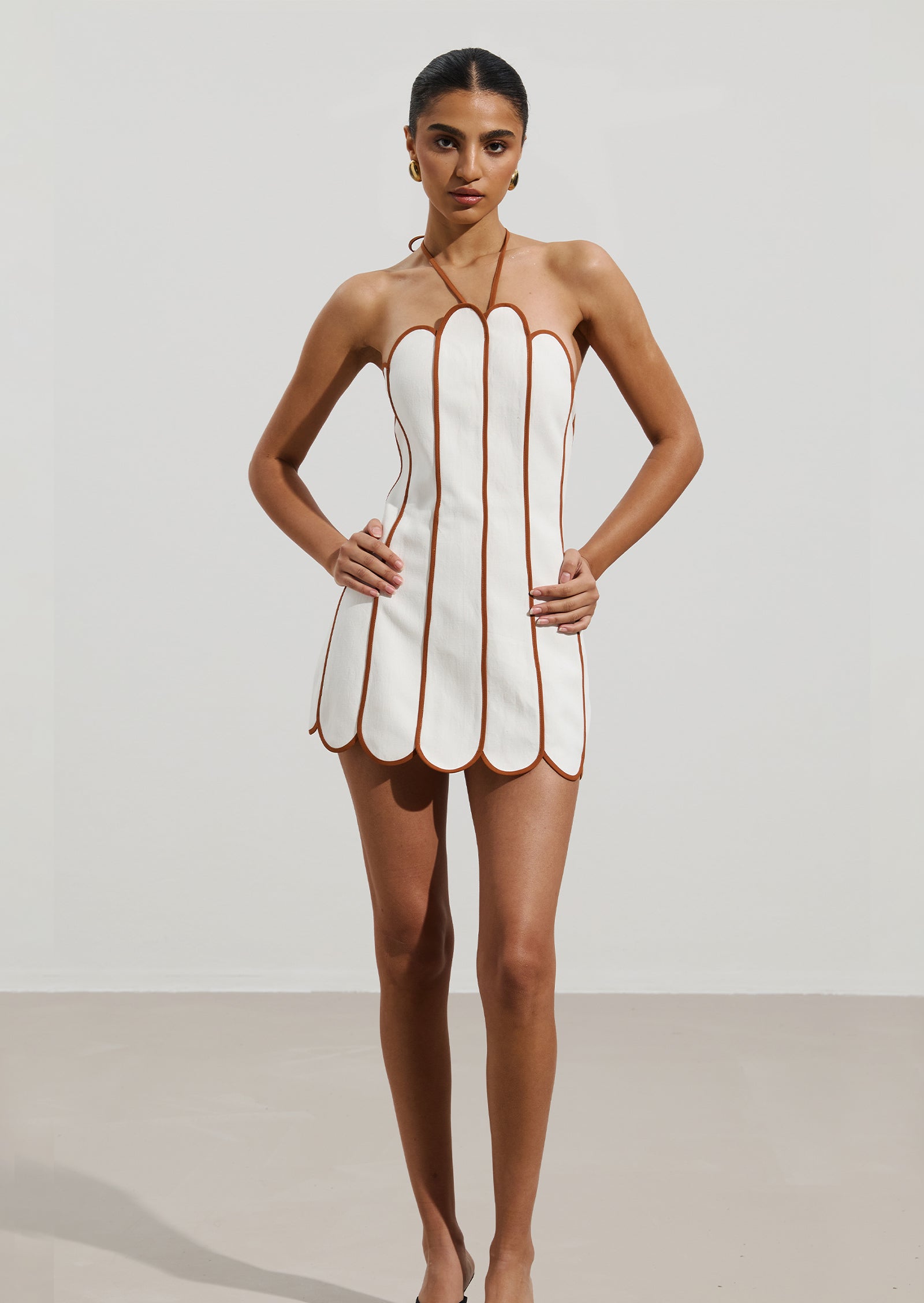 Solid Scalloped Linen Halter Mini Dress