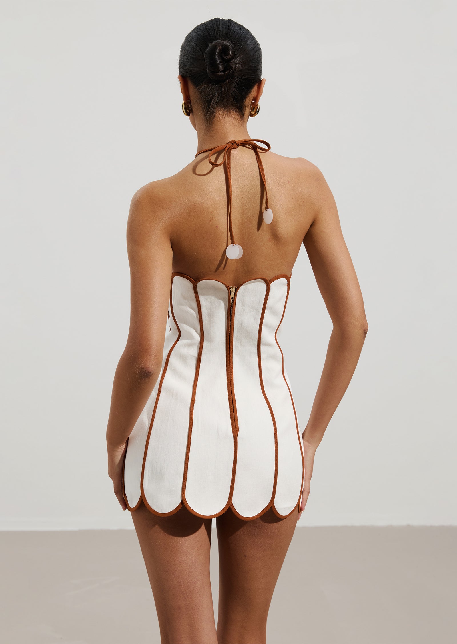 Solid Scalloped Linen Halter Mini Dress