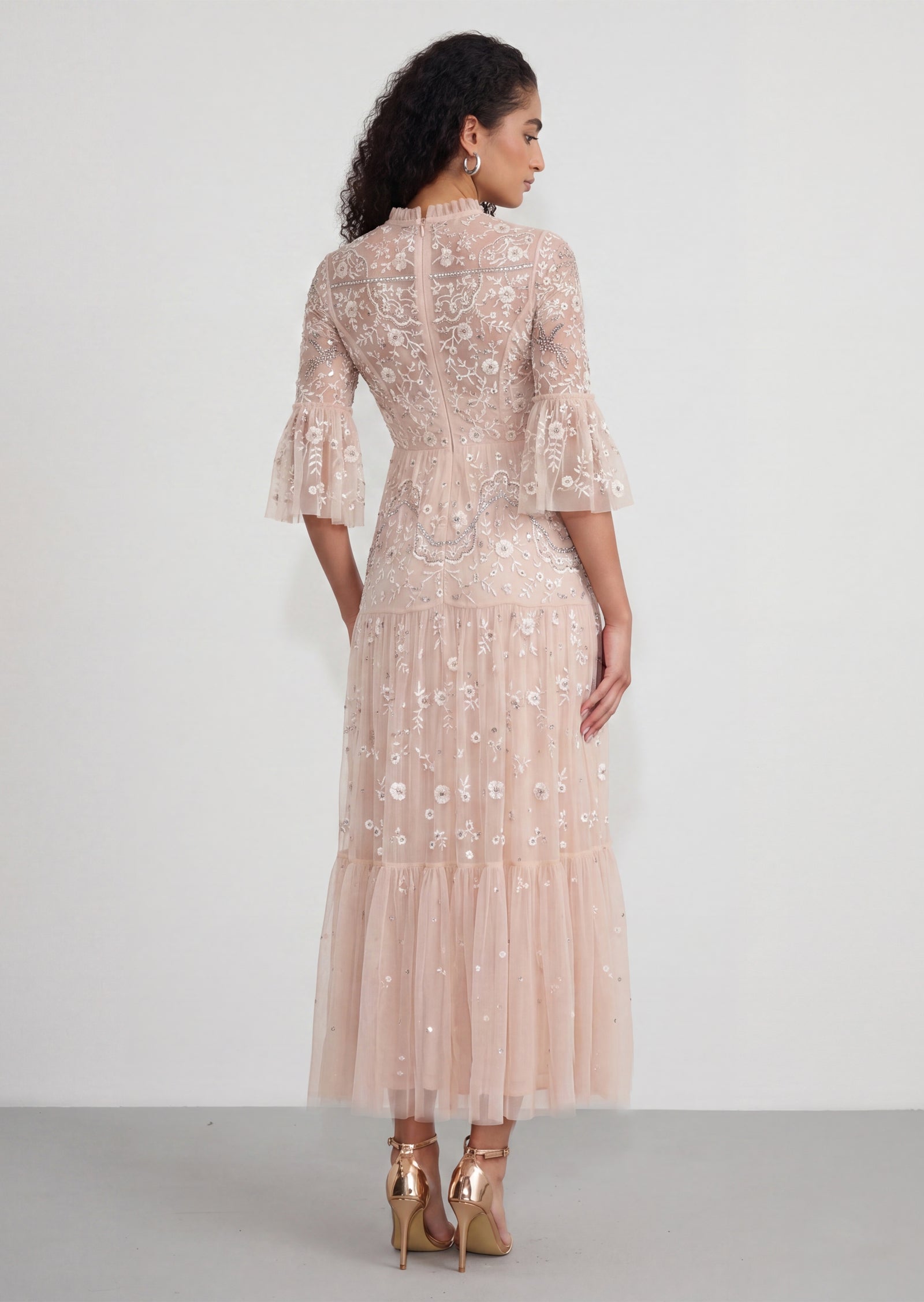 Embroidered Flower Sequins Mesh Maxi Dress