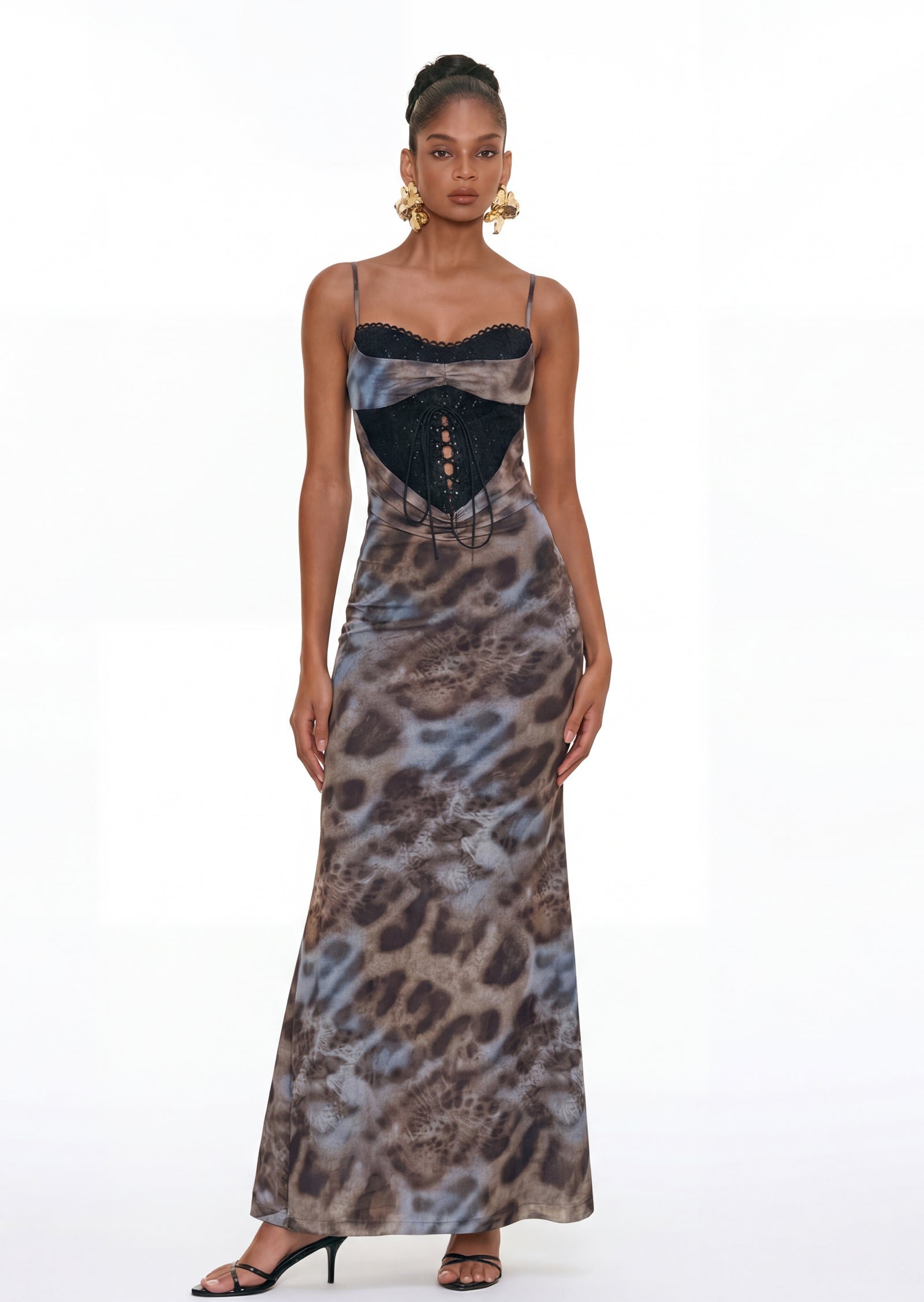 Leopard Cutout Detail Lace Patches Maxi Dress