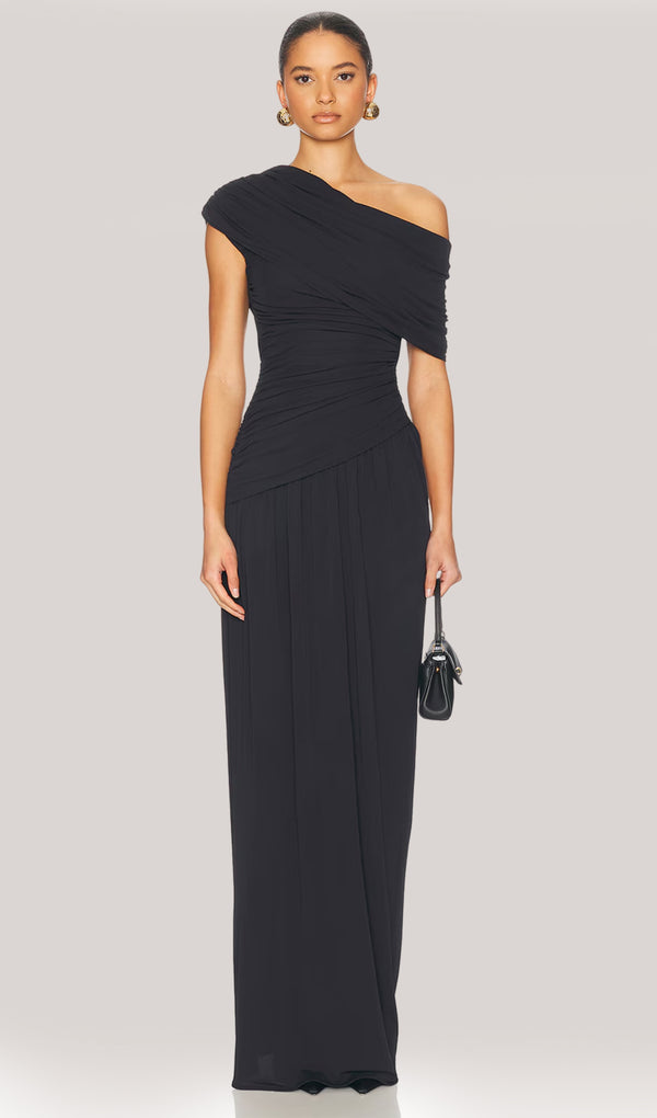 Off Shoulder Pleated Maxi Dress In Black