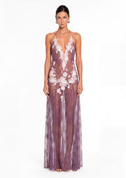 Antheia Sheer Lace Maxi Dress In Light Puple