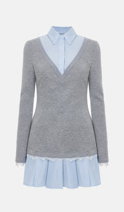 Shirt With Imitation Lace Decor Mini Dress In Grey