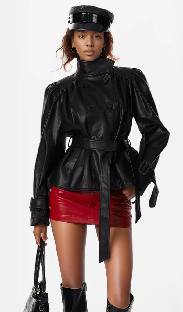 Pleated Stand Collar Leather Jacket In Black
