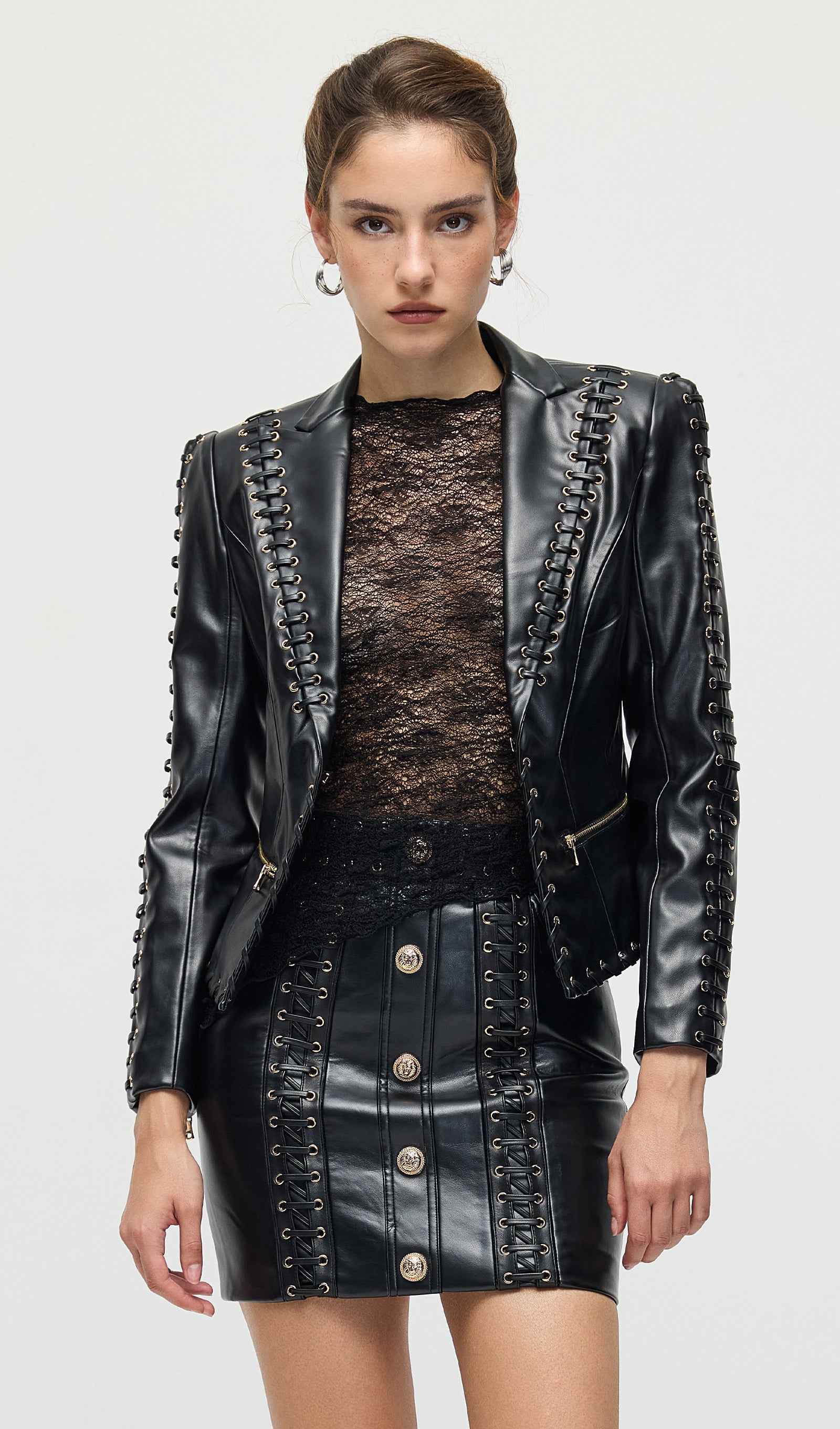 Rope Lacing Leather Jacket & Mini Skirt