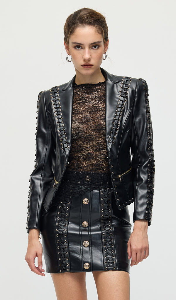 Rope Lacing Leather Jacket & Mini Skirt
