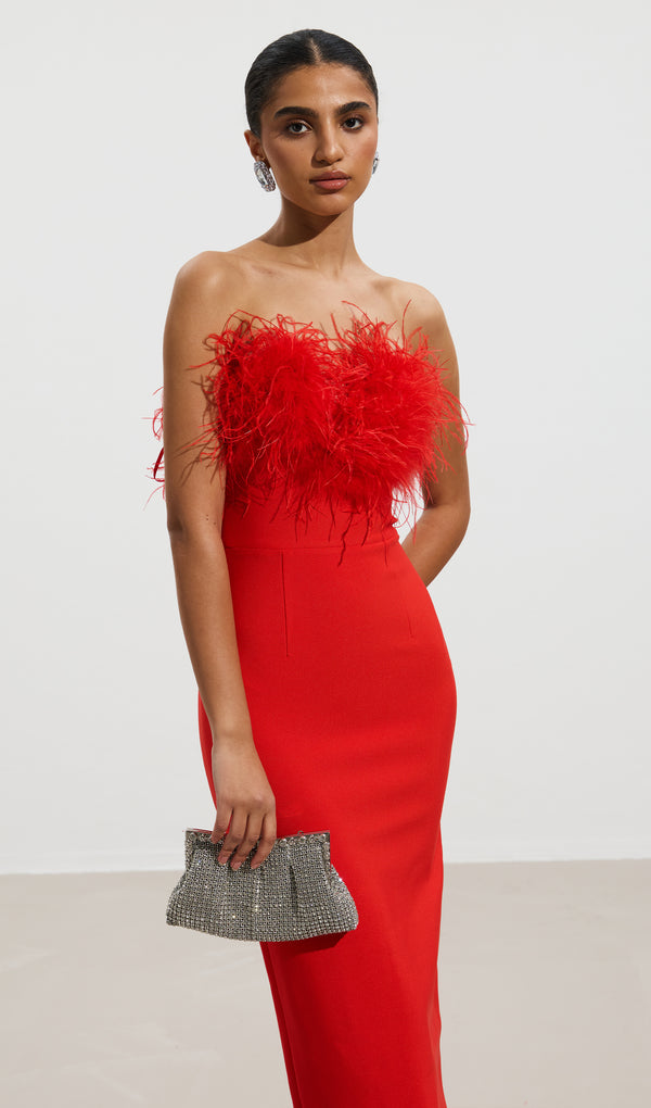 Lena Feather Trimmed Midi Dress Red