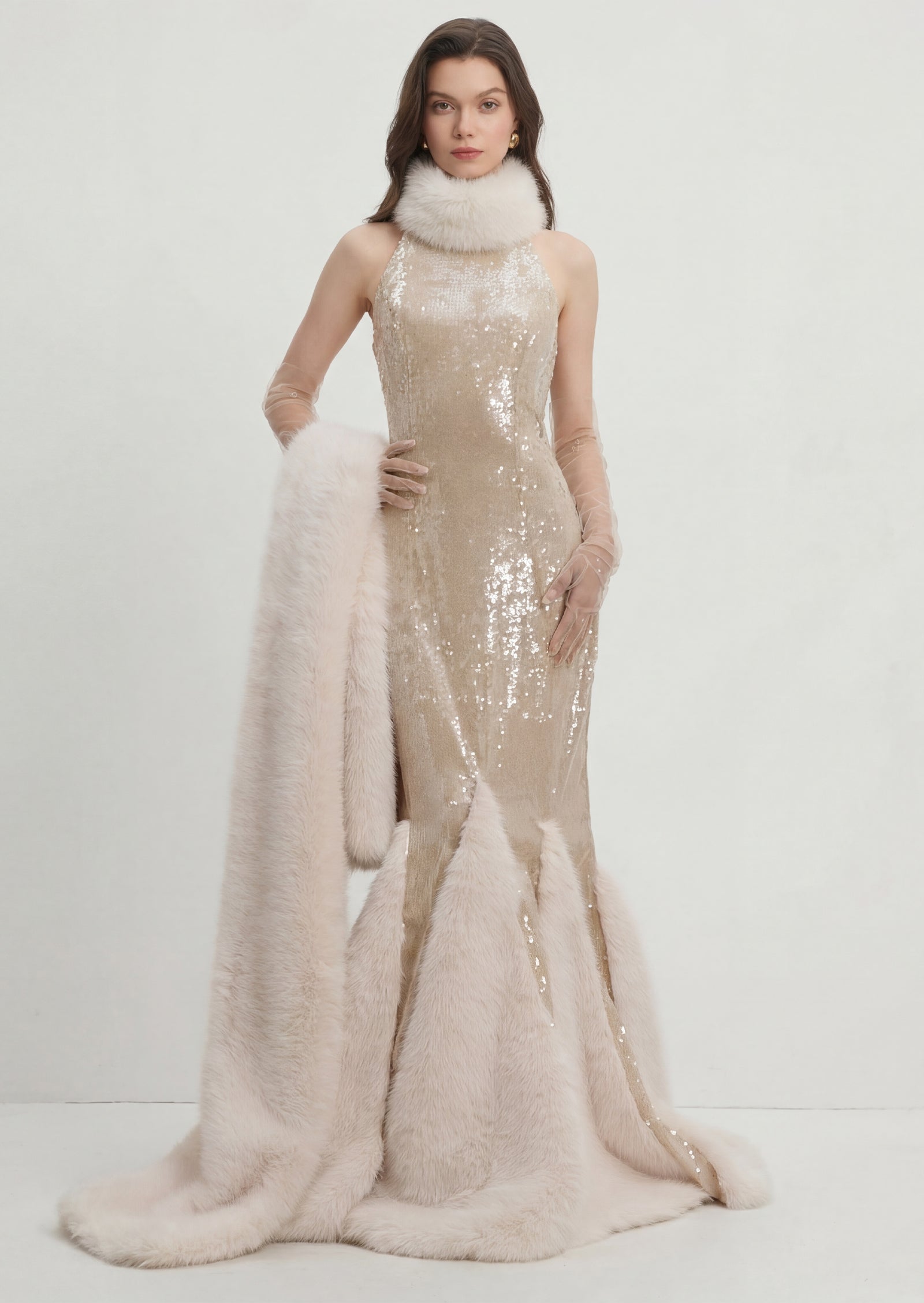 Sequin Maxi Dress With Fur