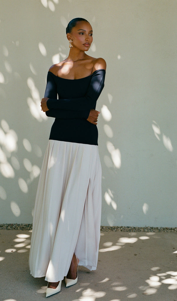 Contrast Knit Off Shoulder Maxi Dress