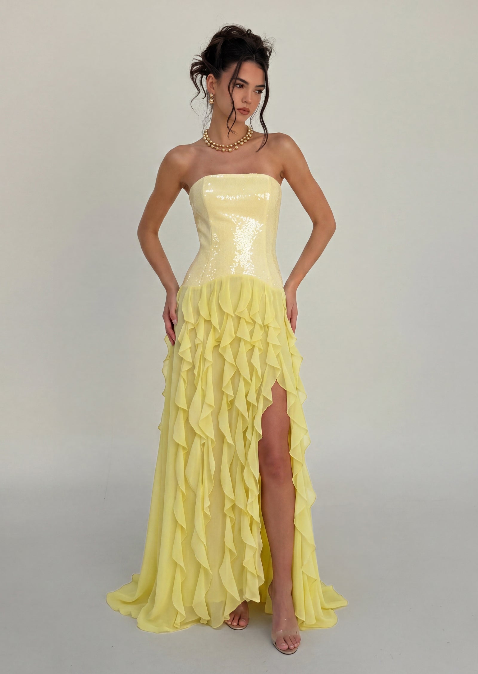 Diletta Sequined Ruffled Maxi Dress In Yellow