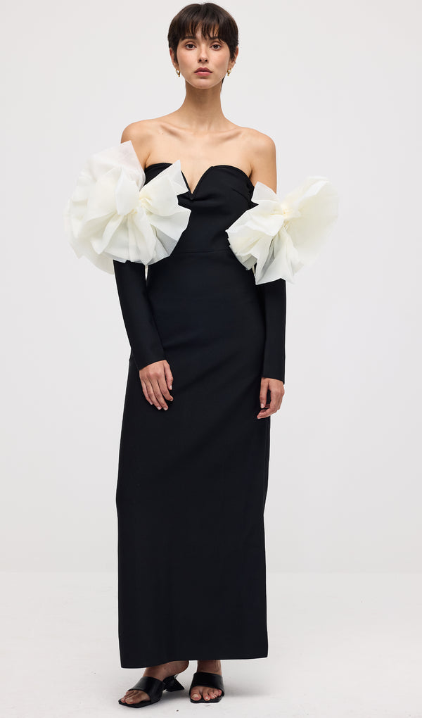 Off Shoulder Straight Cut Maxi Dress With Ruffles