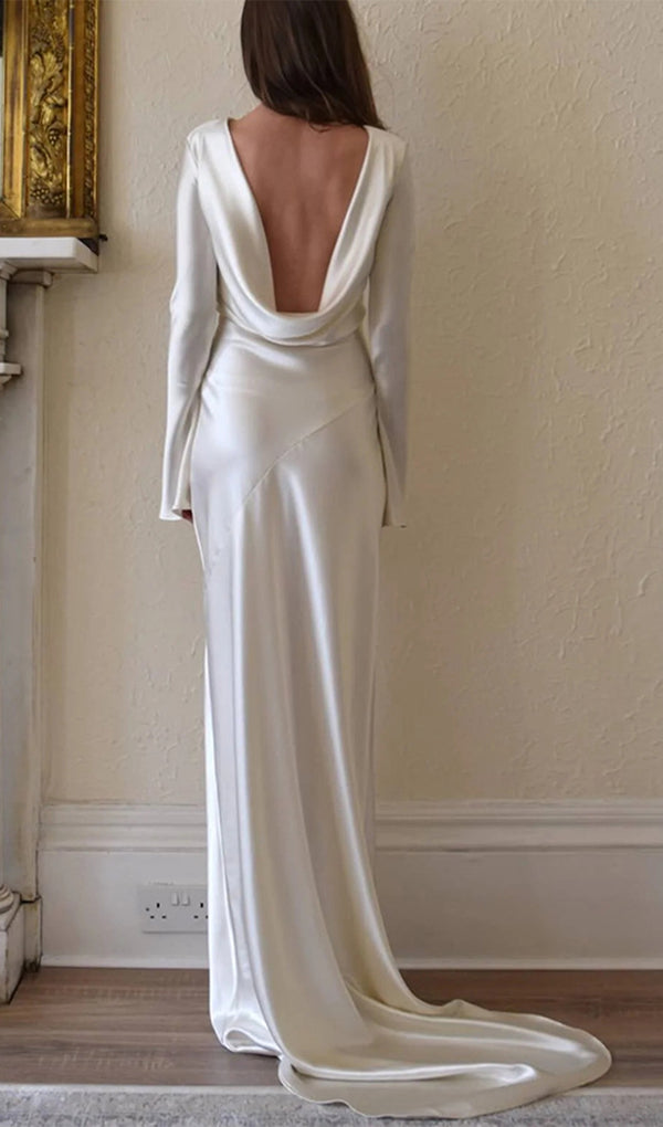 White Satin Long Sleeved Slim Evening Dress