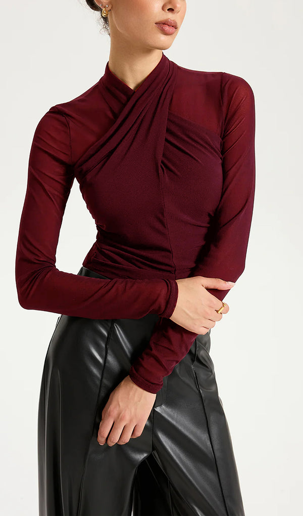 Cross-Front Sheer Mesh Long-Sleeve Top Claret