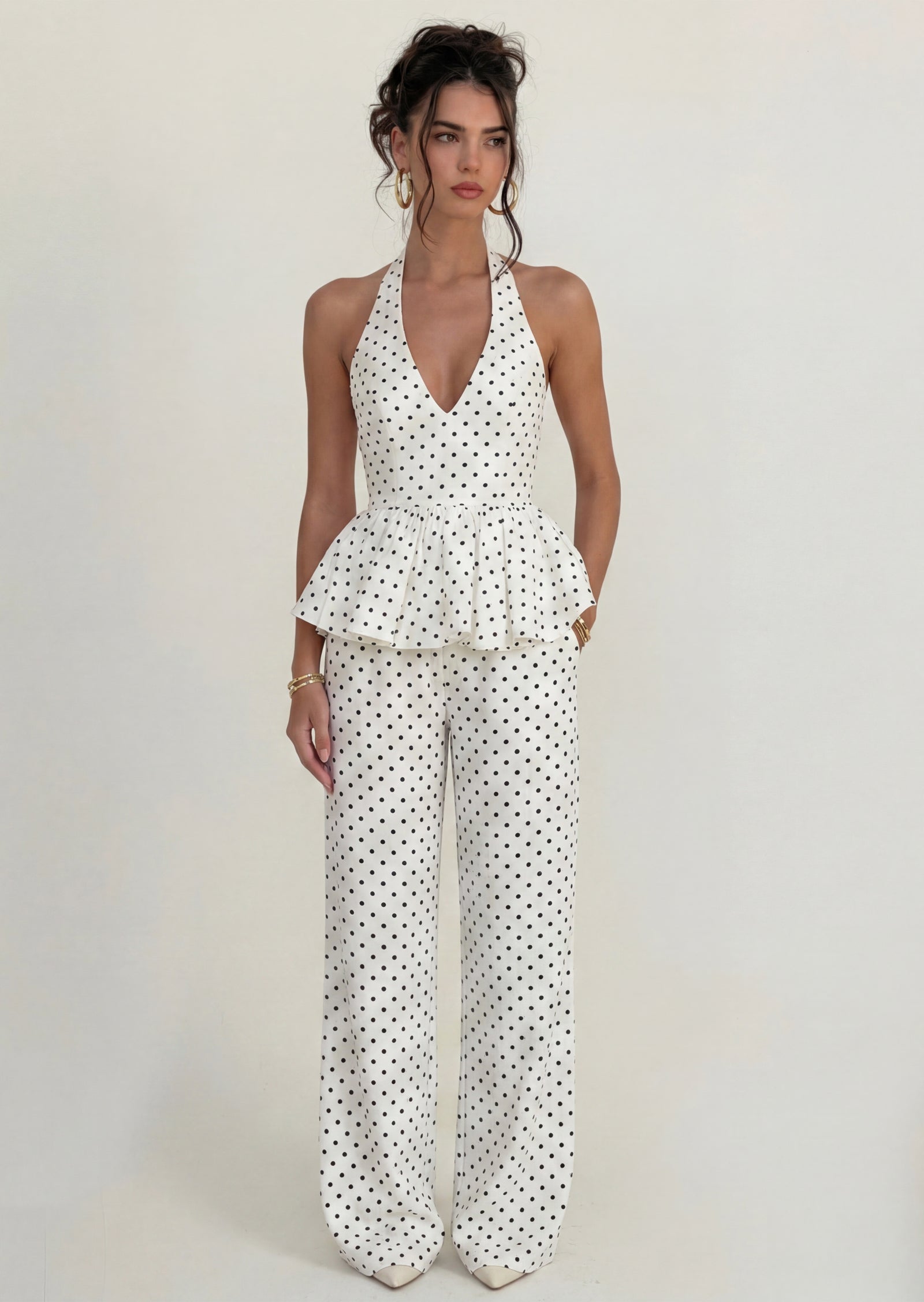 Polka Dot Peplum Top & Wide Legs Set