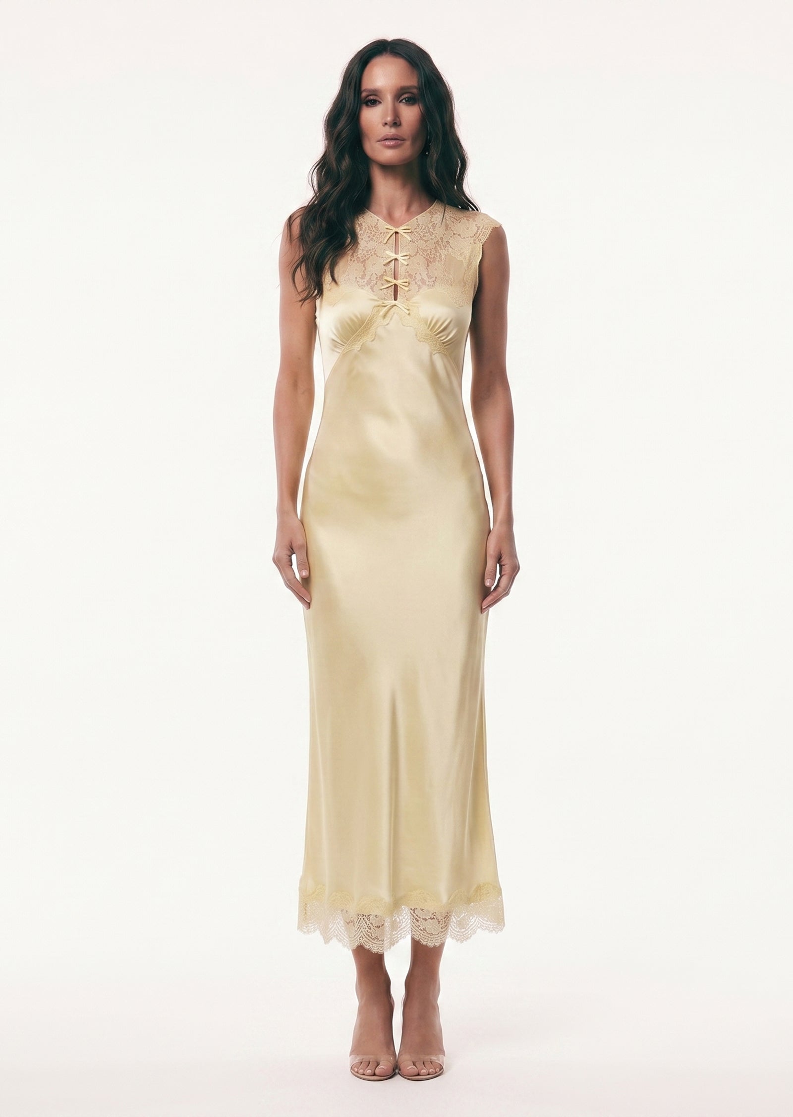 Marcelle Satin Midi Dress With Lace In Pale Yellow
