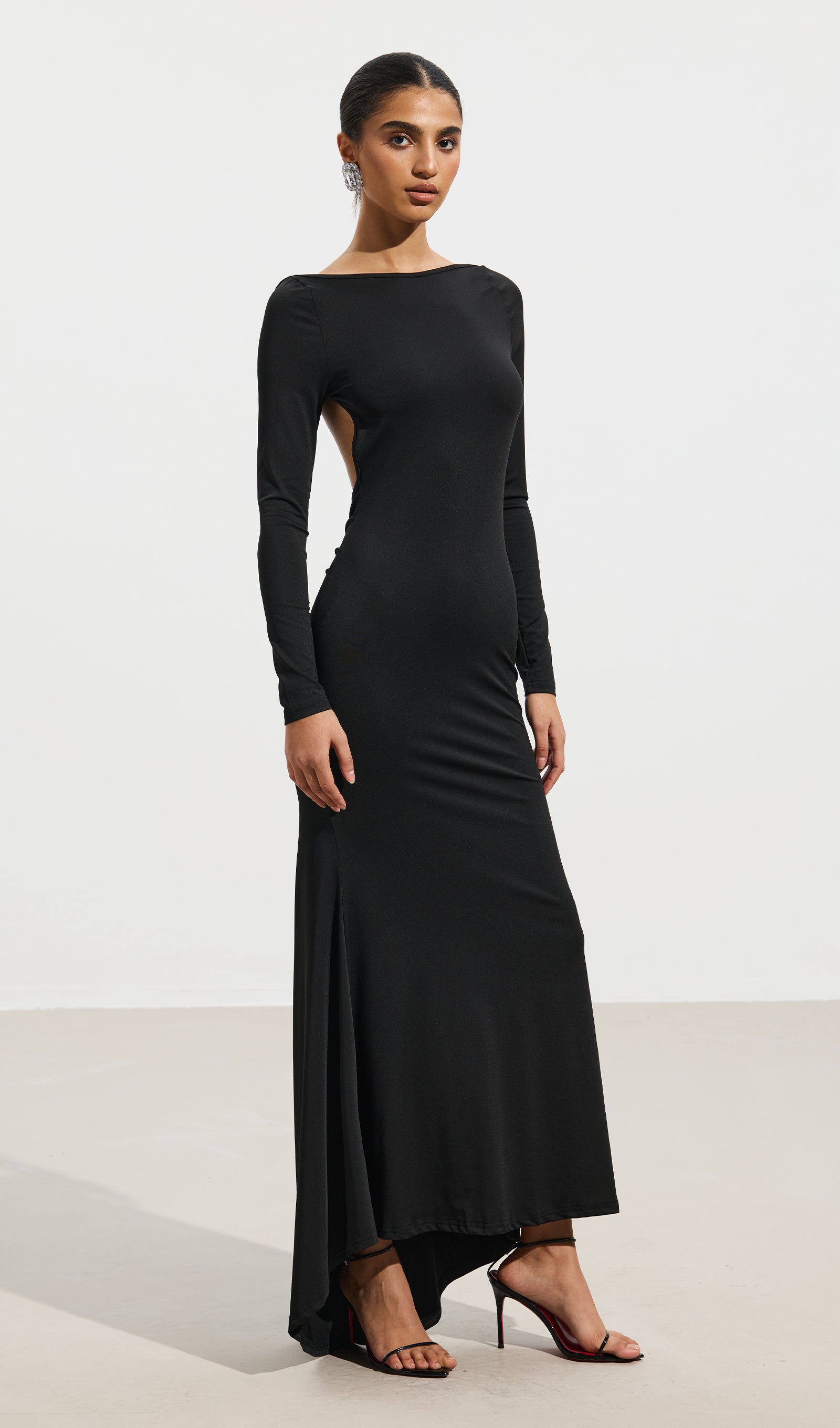 Jersey Solid Open Back Maxi Dress In Black