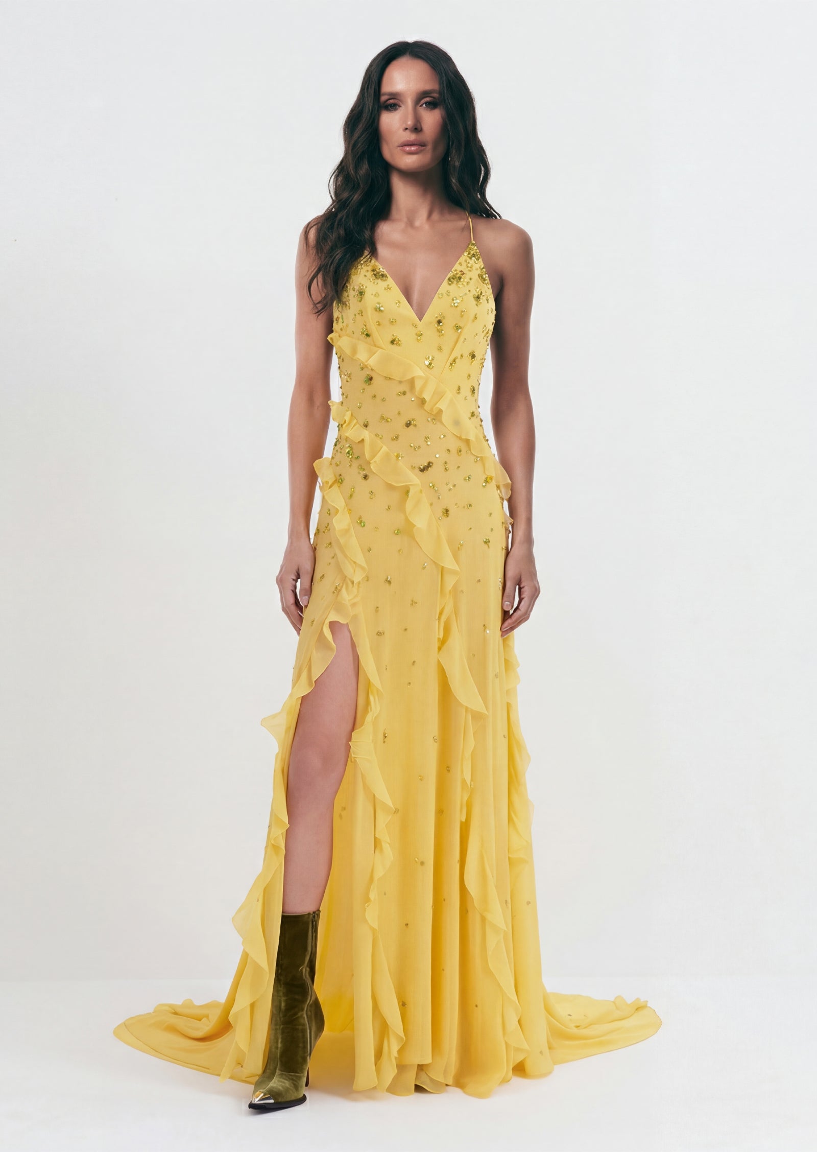 Sukia Ruffled V Neck Maxi Dress In Yellow