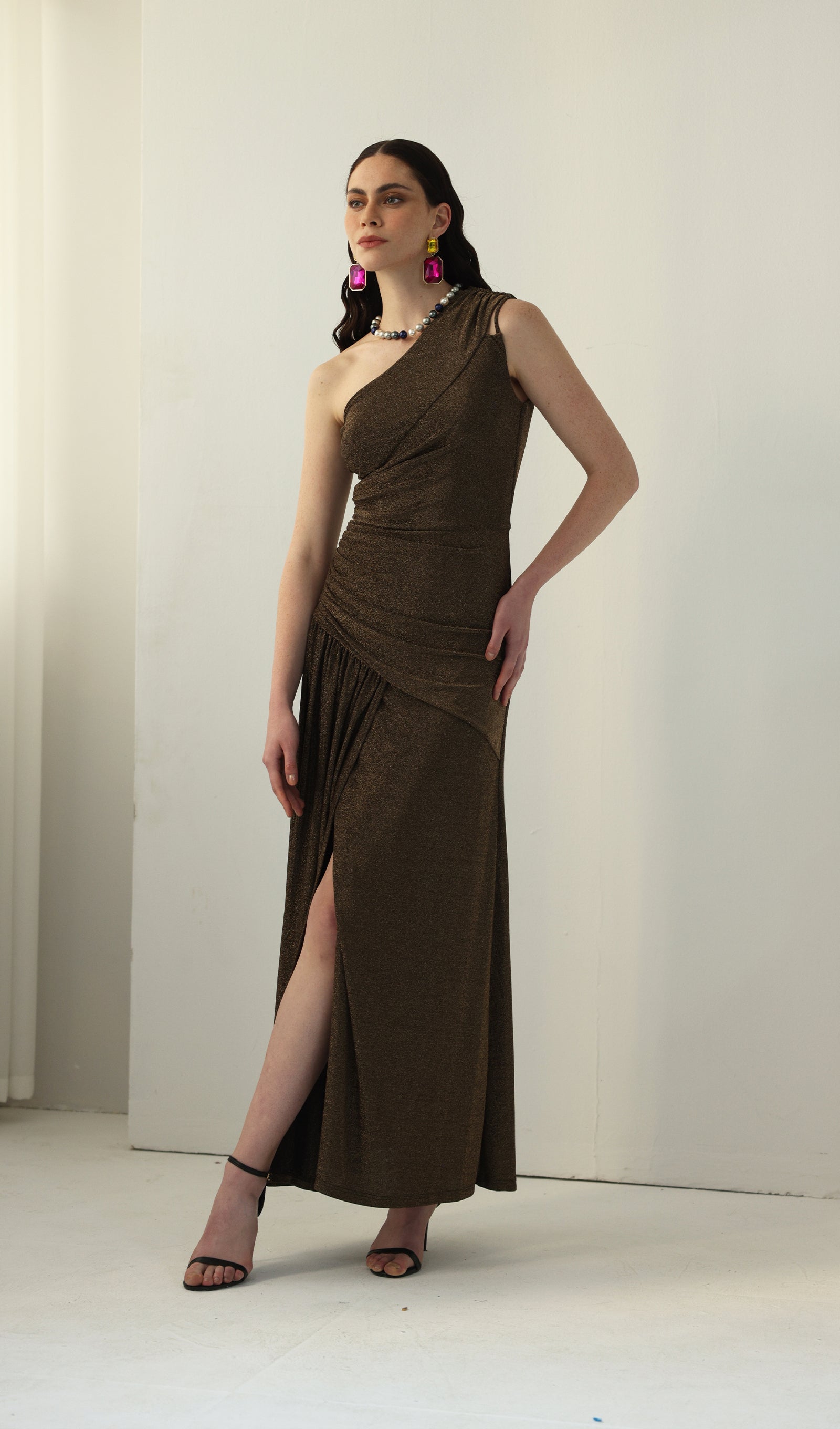 One-Shoulder Glitter Split Maxi Dress