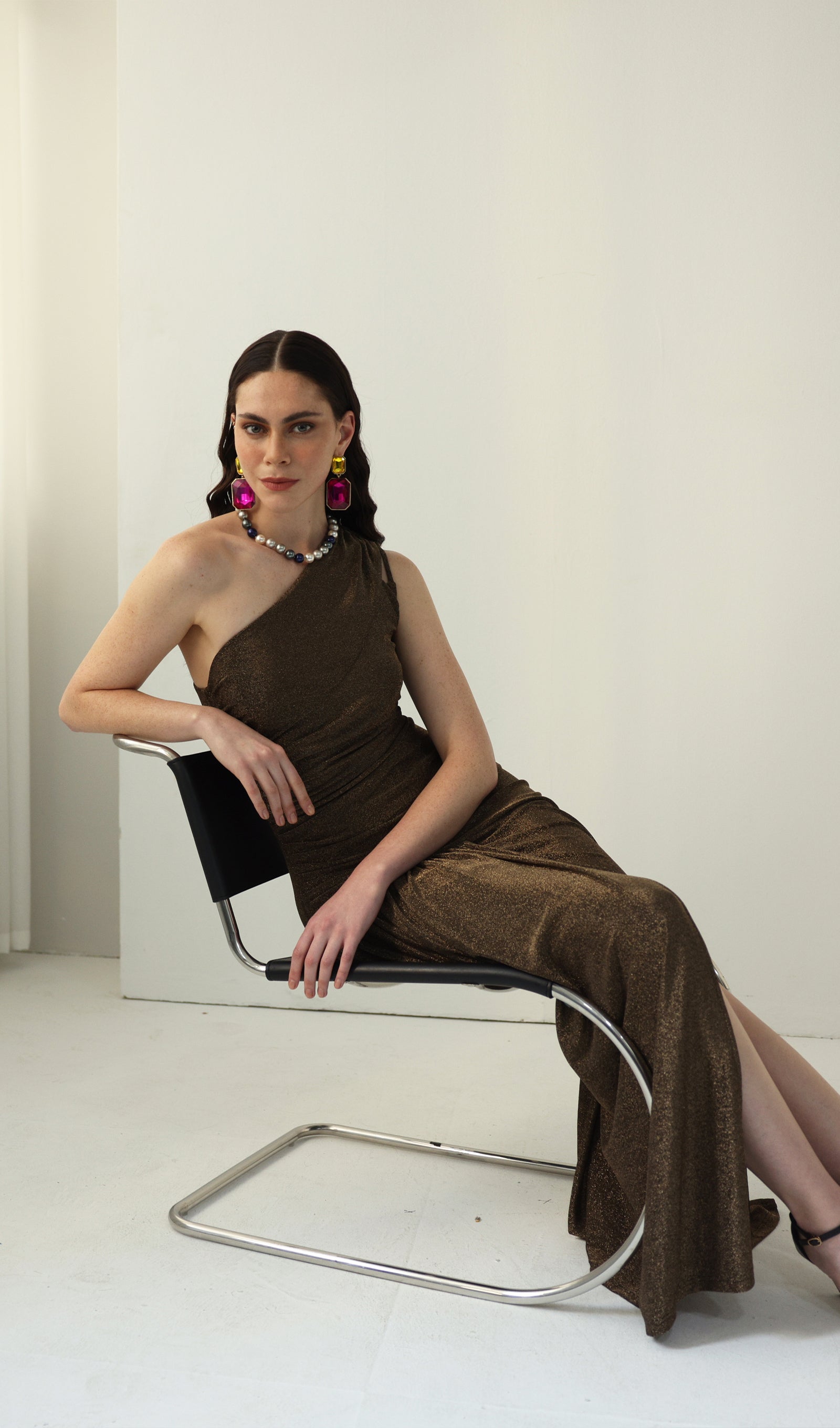 One-Shoulder Glitter Split Maxi Dress