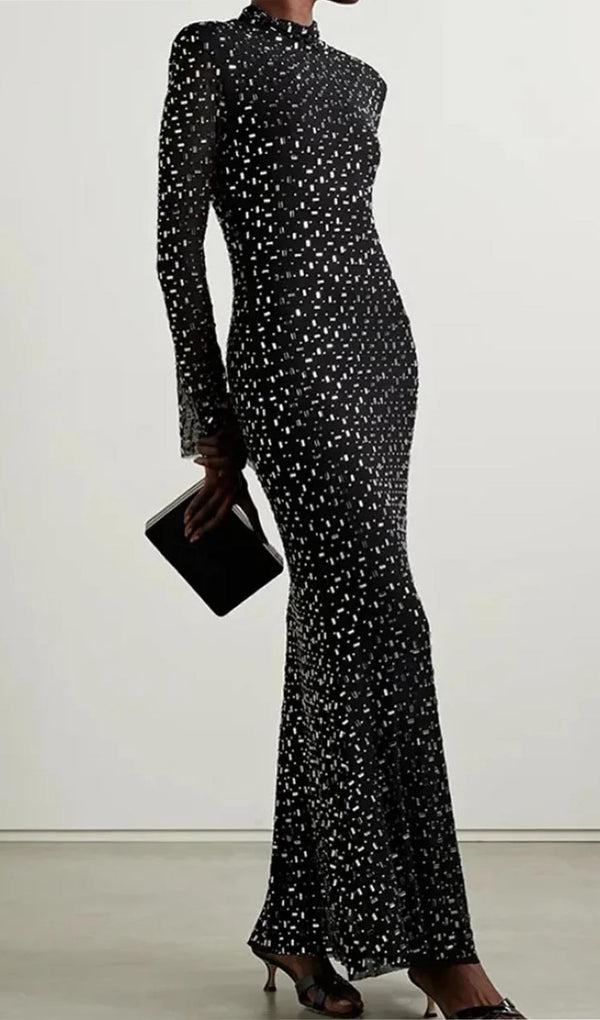 Rhinestone-Embellished Mesh Midi Dress