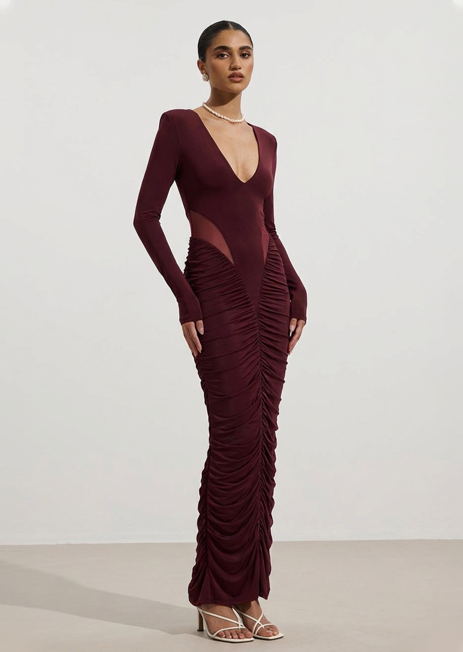 Slinky Long Sleeve Maxi Dress In Burgundy