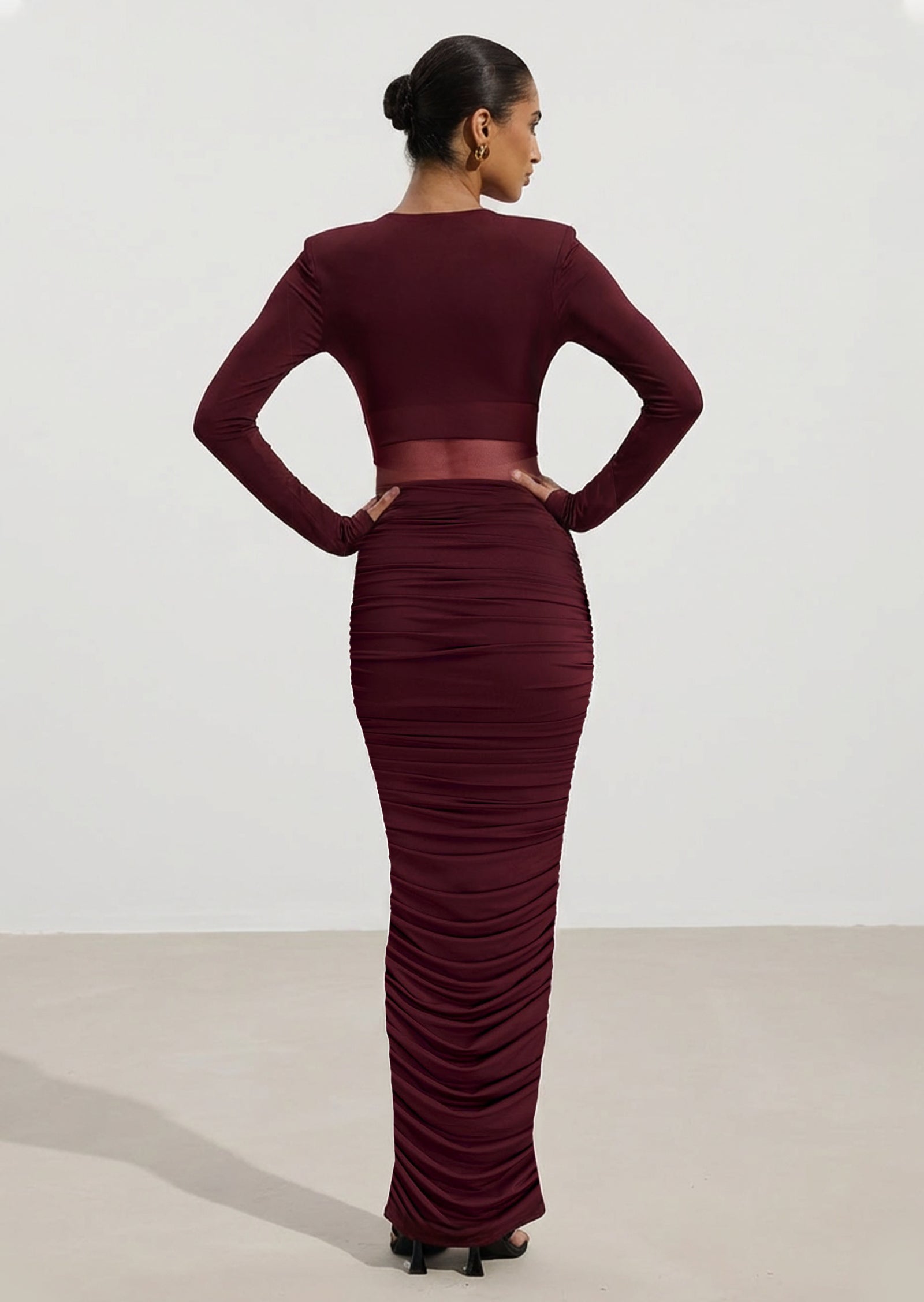Slinky Long Sleeve Maxi Dress In Burgundy